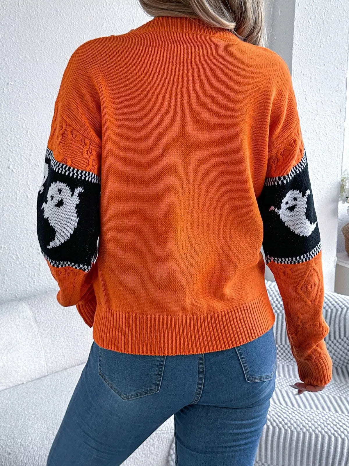 halloween ghost pattern textured sweater – cable-knit | dropsona - neutral - usage example