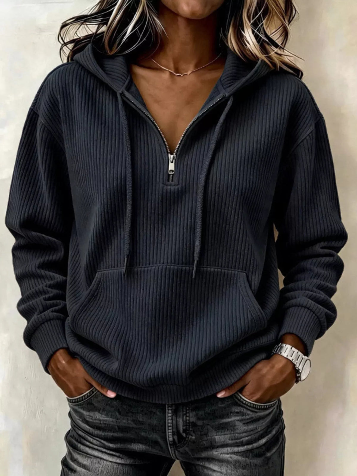 ribbed knit quarter-zip hoodie | dropsona - neutral - material texture