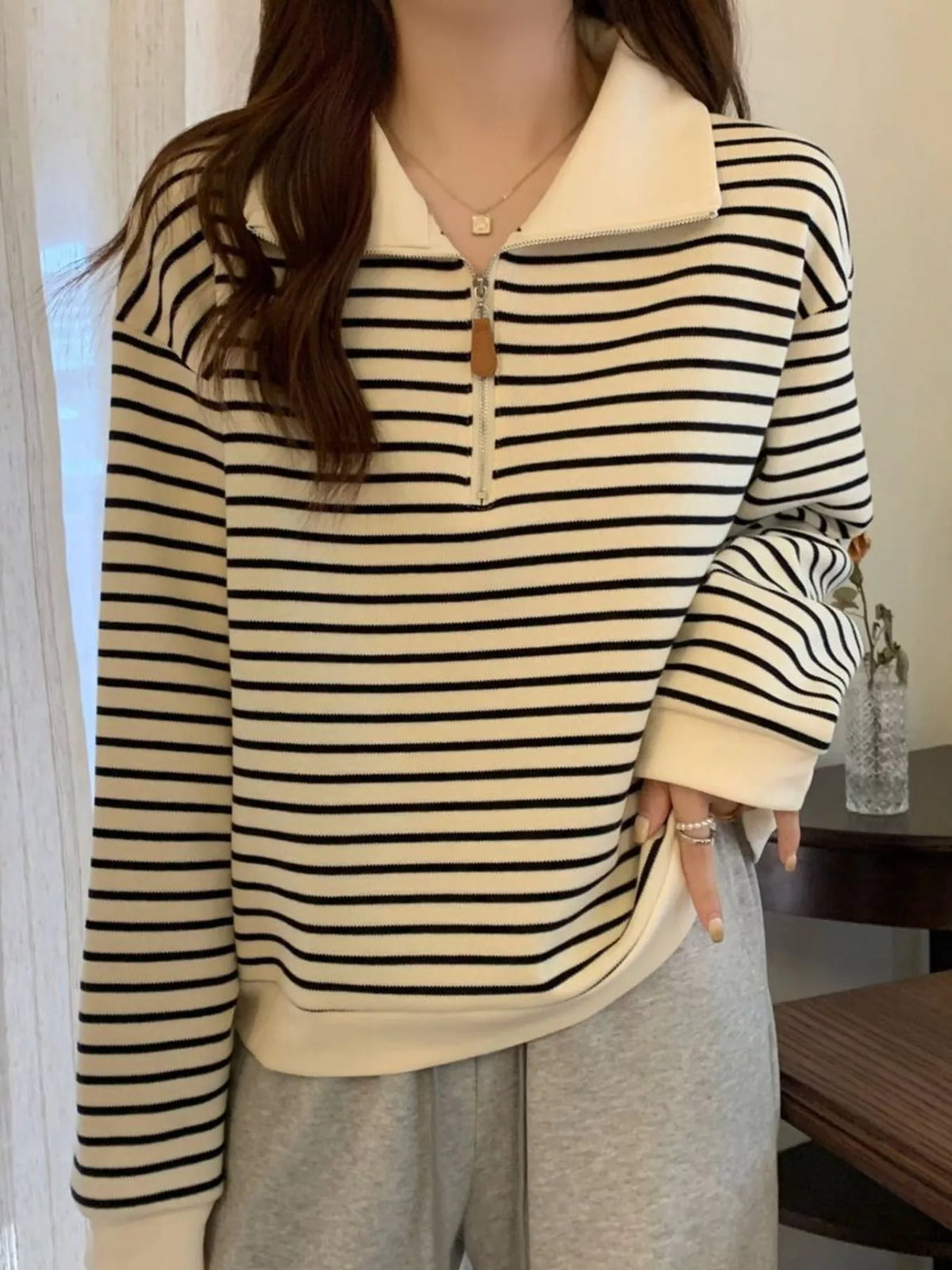 plus size striped quarter-zip pullover sweatshirt | dropsona - neutral - usage example