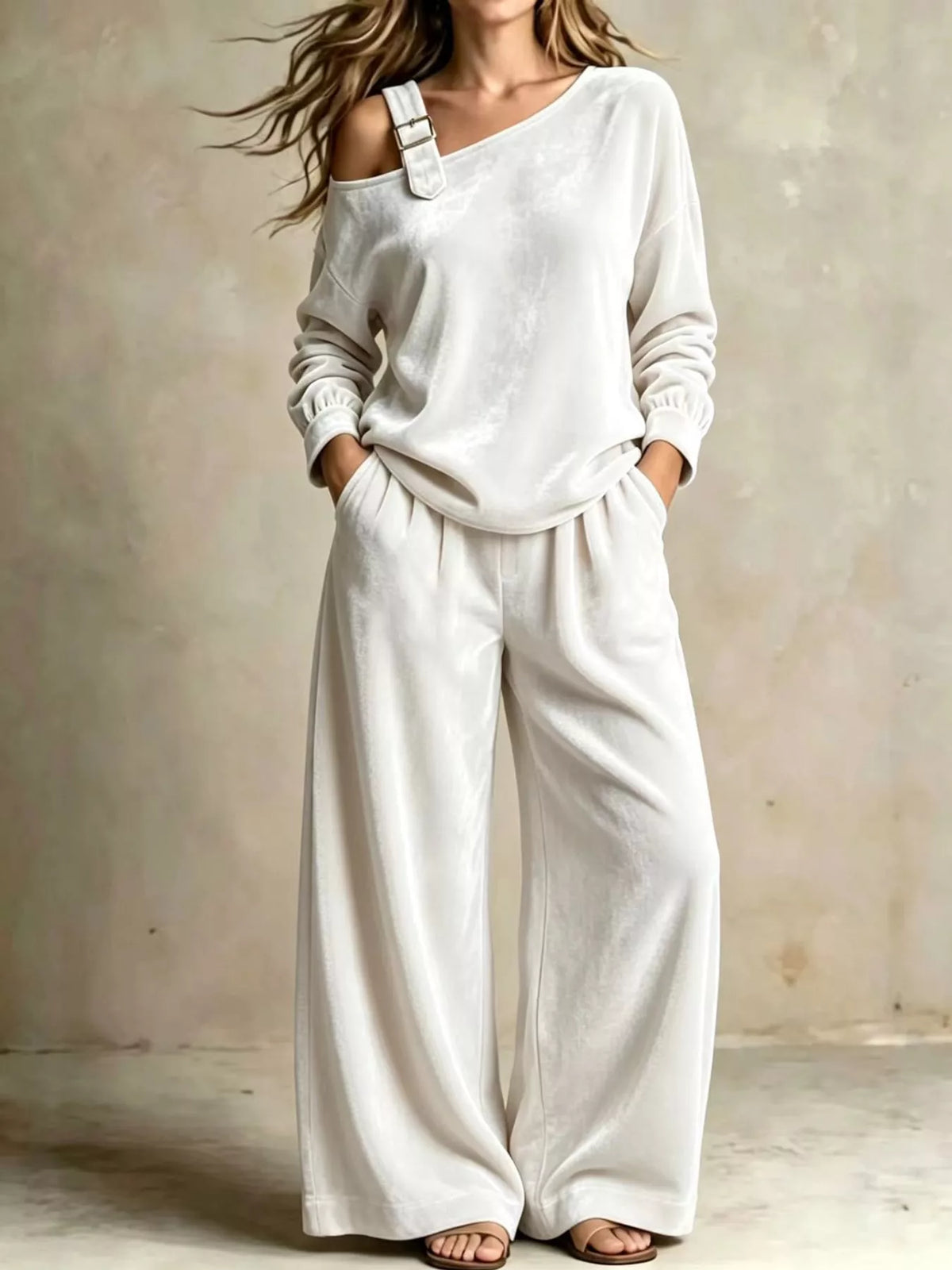 asymmetrical neck top and pants set | dropsona - neutral - everyday use