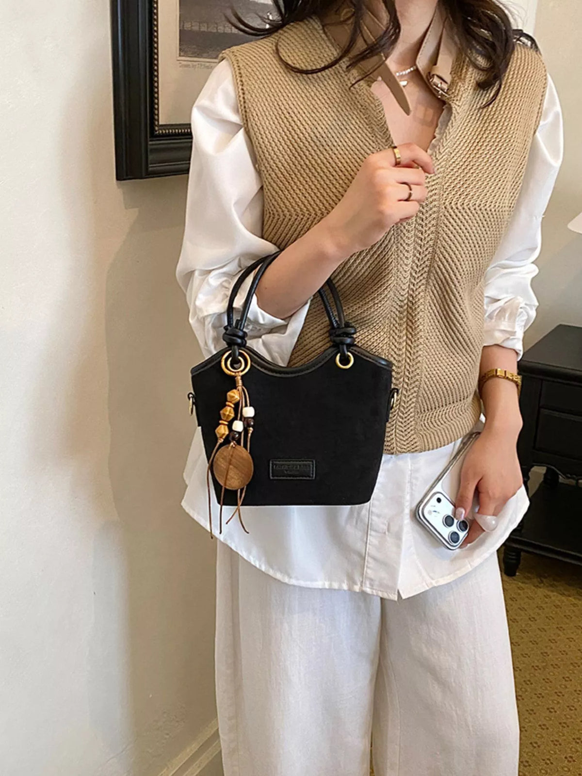 suede crossbody bag with decorative wooden bead charm | dropsona - neutral - size reference