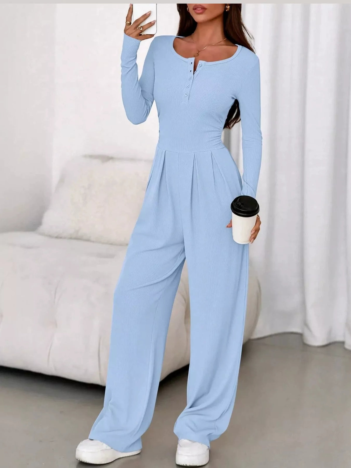 long sleeve ribbed knit wide leg jumpsuit | dropsona - neutral - packaging