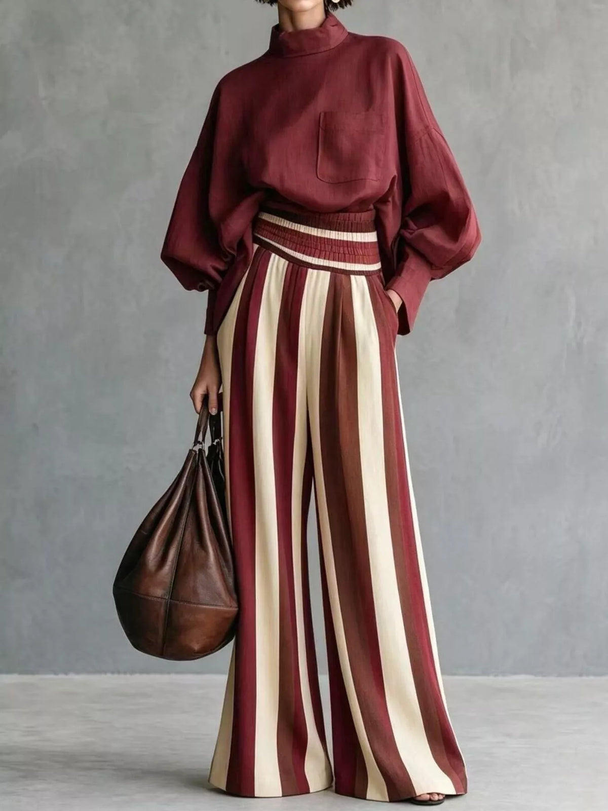 full size mock-neck blouse and striped wide-leg | dropsona - neutral - everyday use