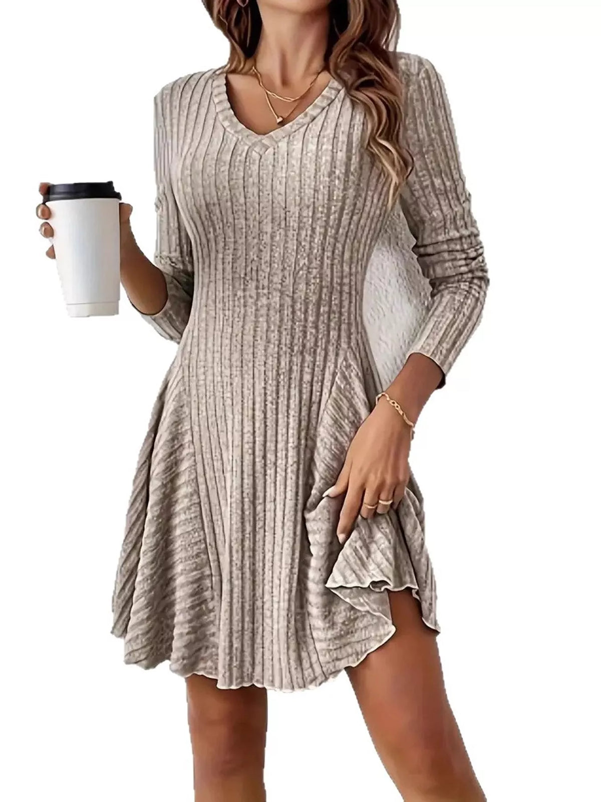 v-neck ribbed knit a-line dress – | dropsona - neutral - material texture