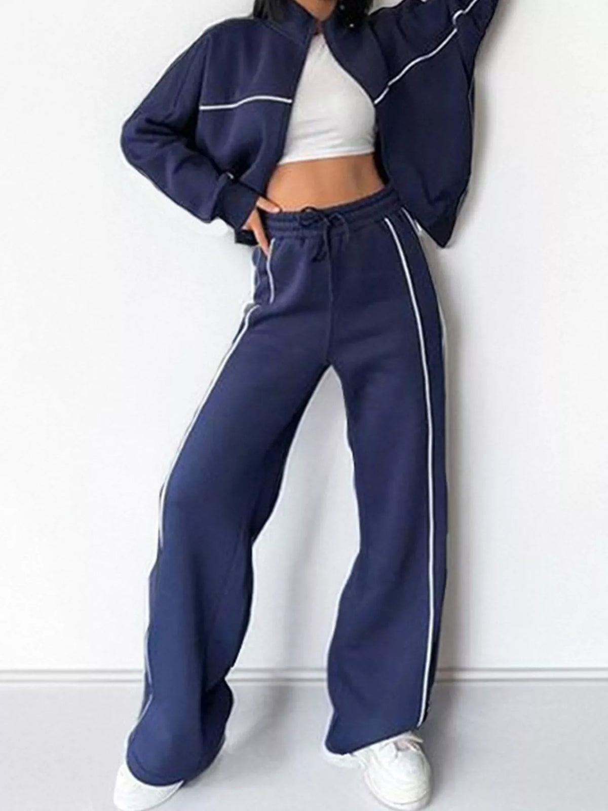 full size zip-up jacket and wide-leg pants set plus | dropsona - neutral - front view