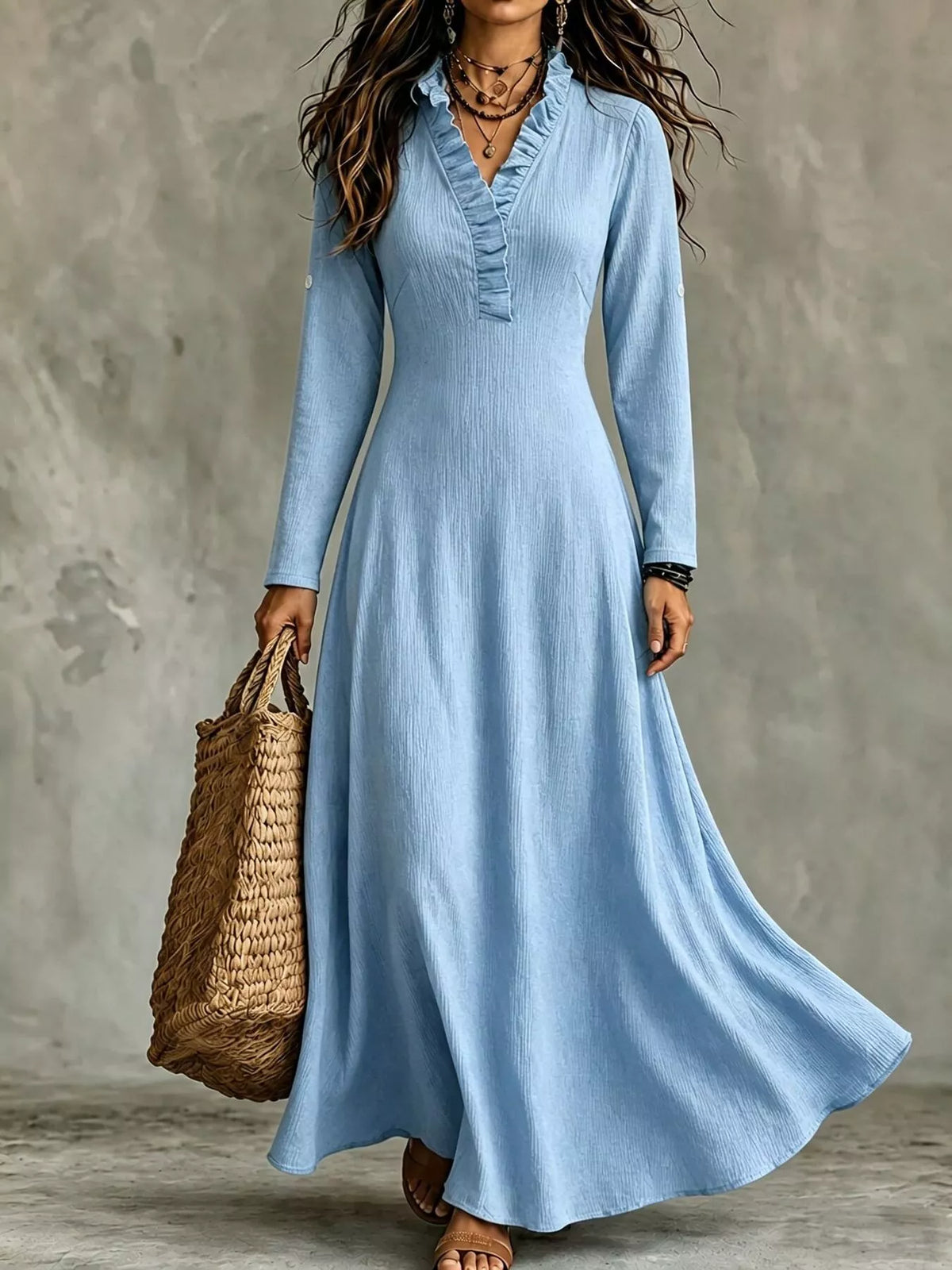 full size frill v-neck long sleeve maxi dress plus | dropsona - neutral - material texture