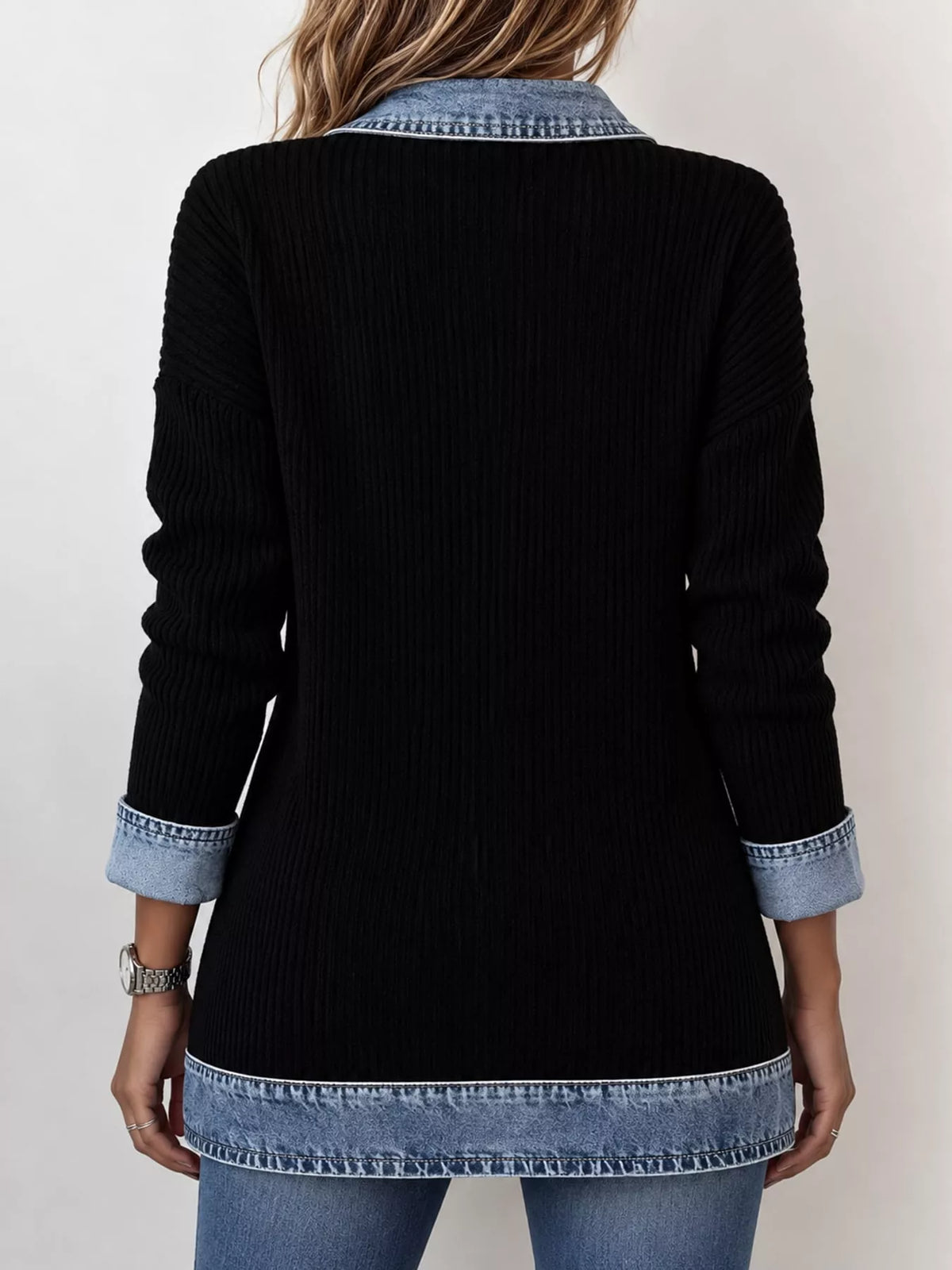full size denim trim ribbed knit cardigan plus | dropsona - neutral - close-up detail