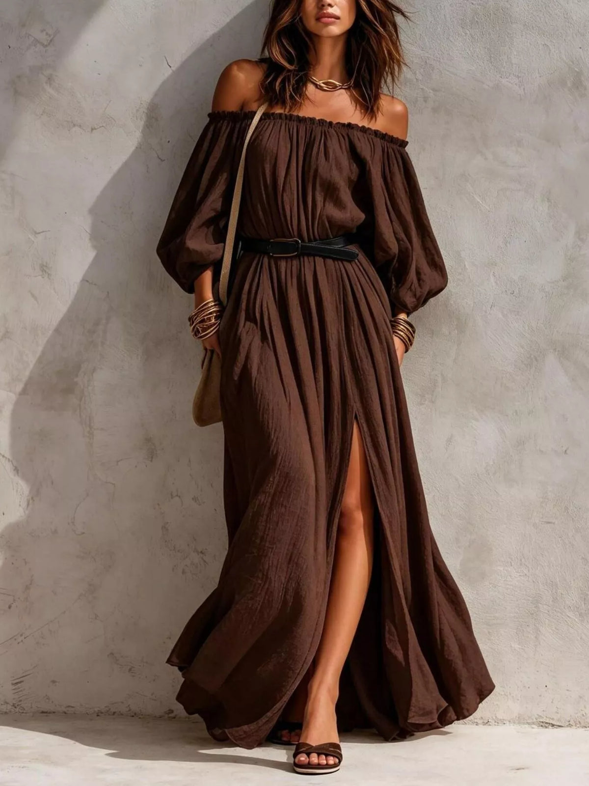 boho off-shoulder maxi dress with side slit | dropsona - neutral - material texture