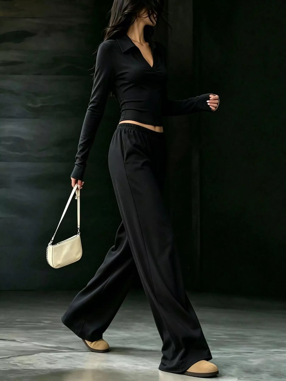 long-sleeve polo top and wide-leg pants set | dropsona - neutral - packaging