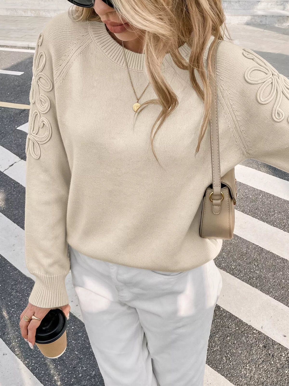 floral raglan sleeve sweater – applique | dropsona - neutral - front view