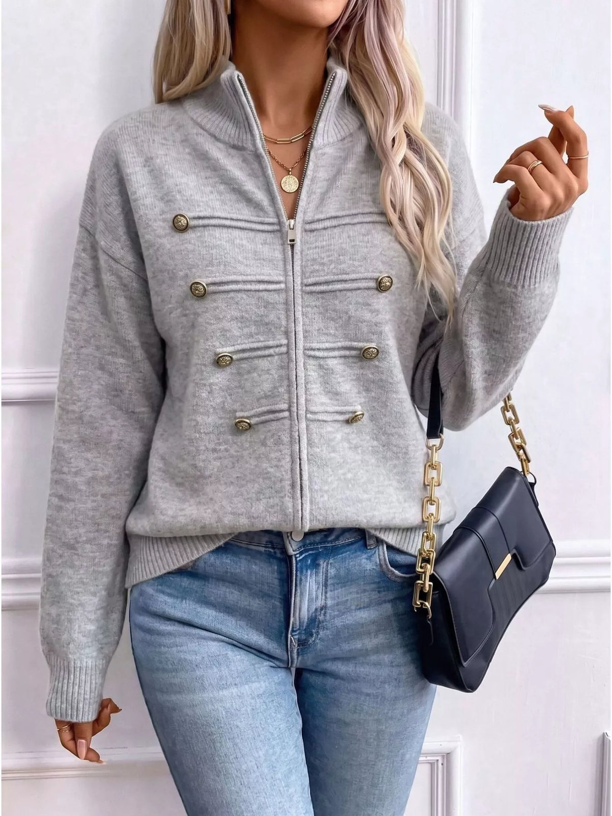 zip-up long sleeve cardigan – decorative button | dropsona - neutral - close-up detail