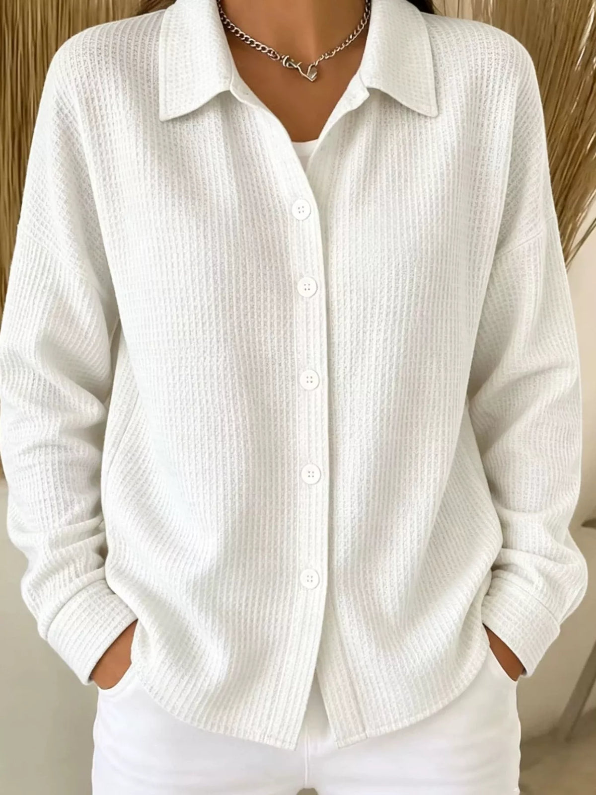 waffle knit button-down shirt – buttoned | dropsona - neutral - close-up detail