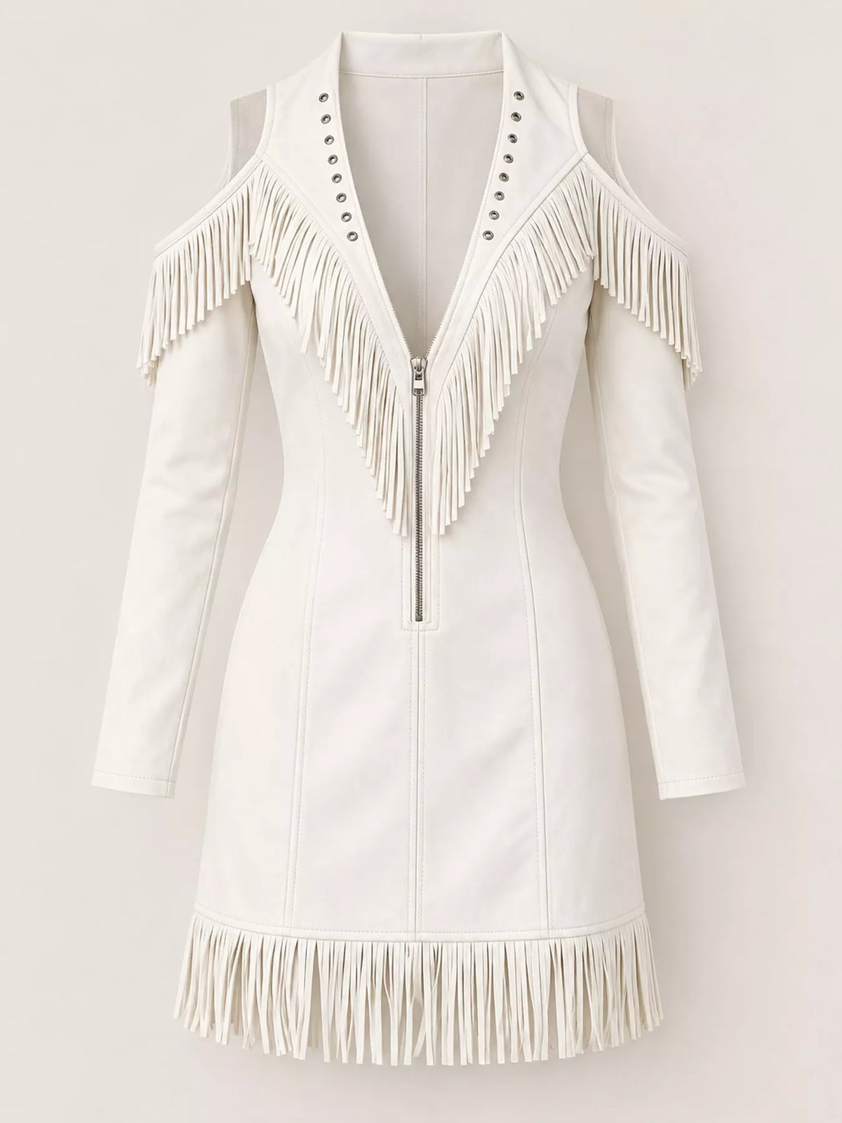 full size fringed cold-shoulder zip-front mini dress | dropsona - neutral - material texture