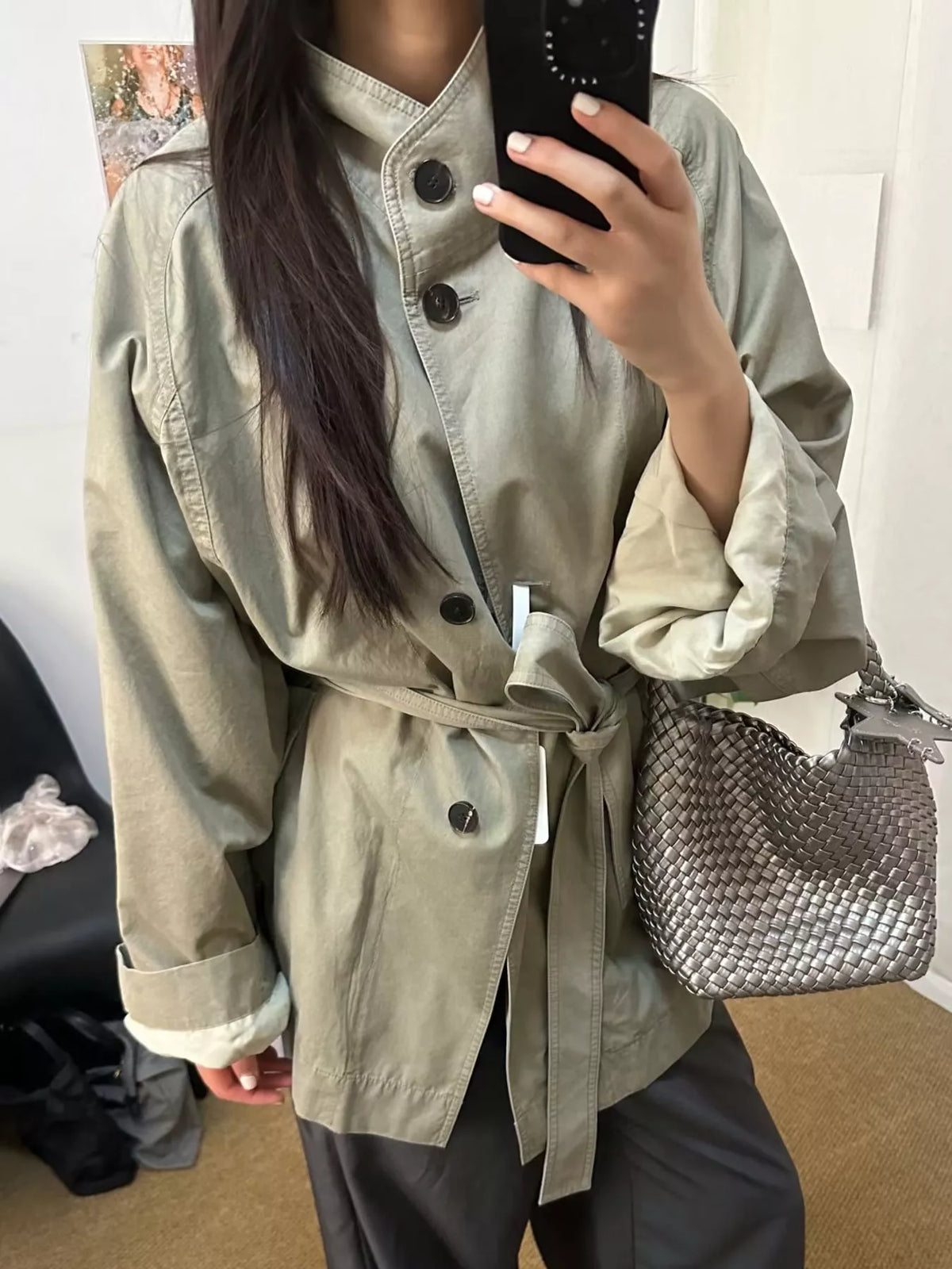vintage style stand-collar belted utility jacket | dropsona - neutral - front view