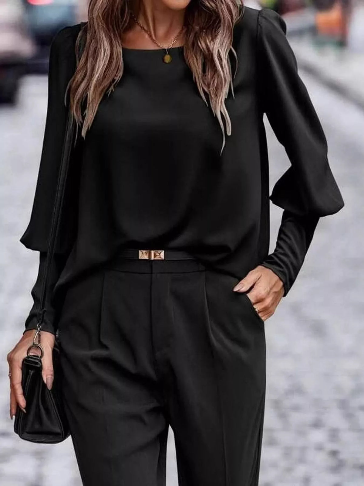 decorative button lantern sleeve blouse | dropsona - neutral - everyday use