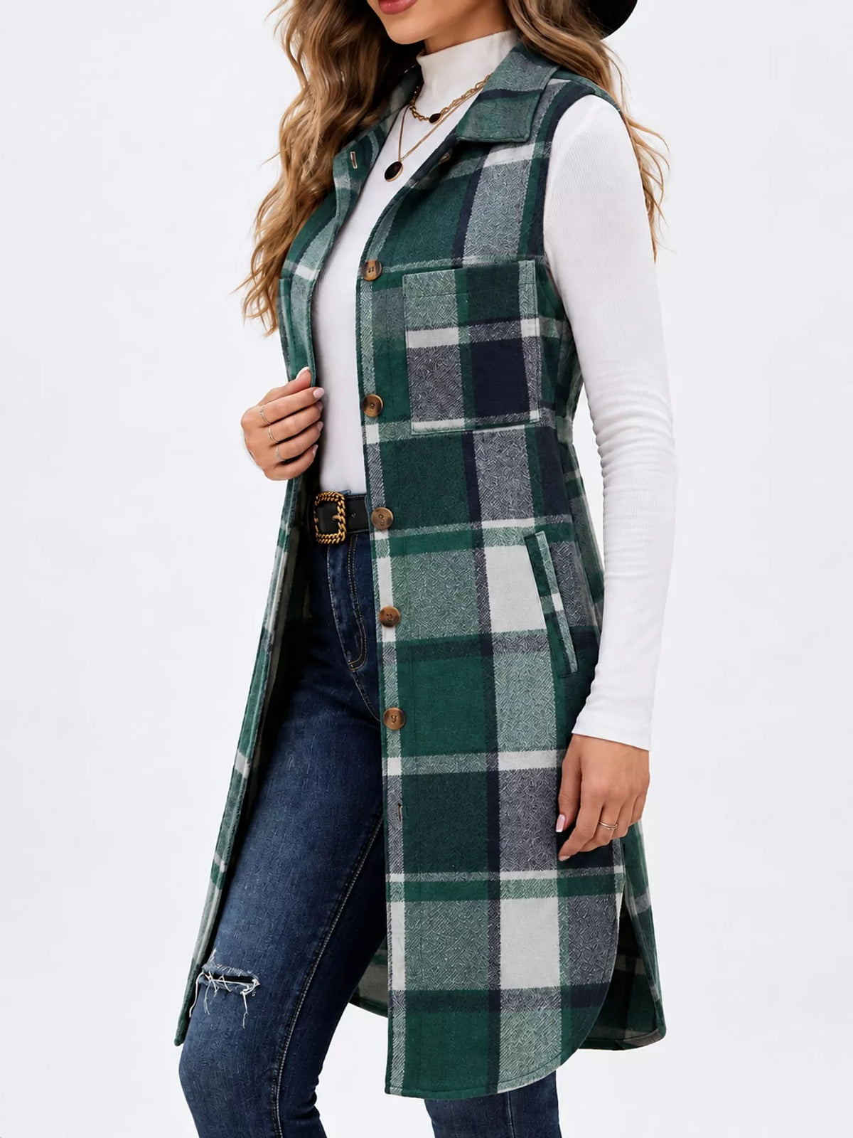 longline plaid button-down vest coat | dropsona - neutral - usage example