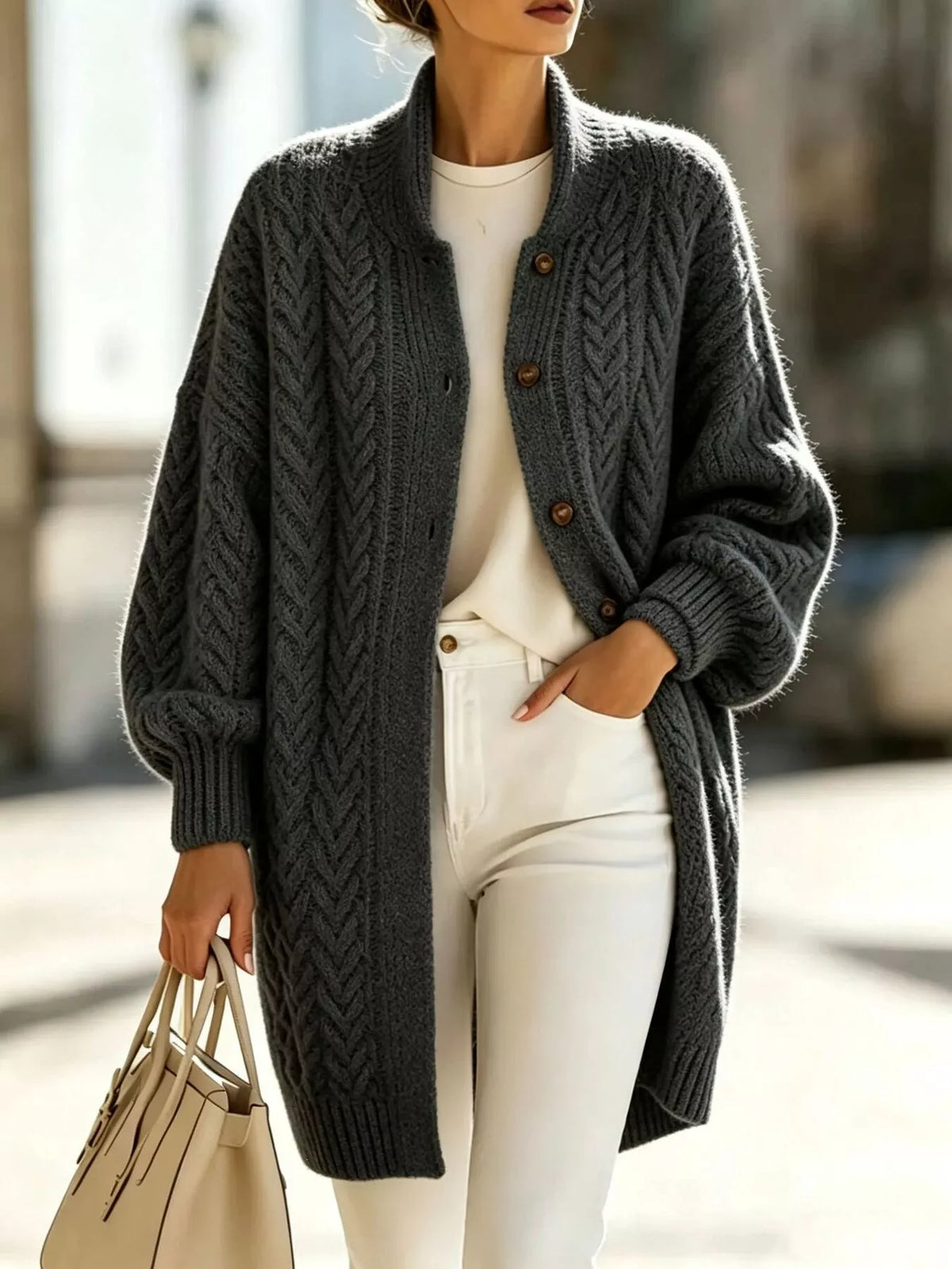 full size cable-knit button-down cardigan plus | dropsona - neutral - close-up detail