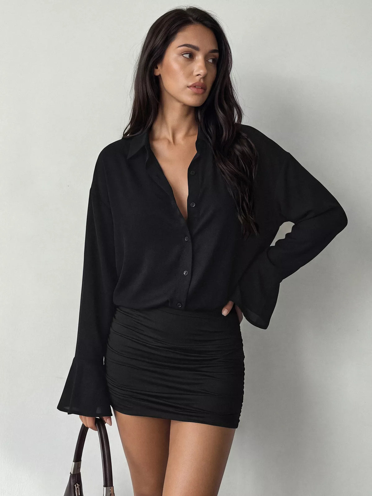 button front flounce sleeve bodycon shirt dress | dropsona - neutral - everyday use