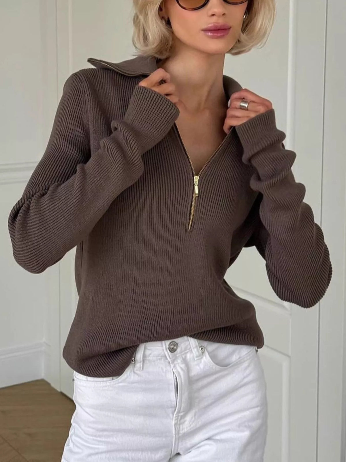ribbed knit quarter-zip sweater – zipper | dropsona - neutral - everyday use
