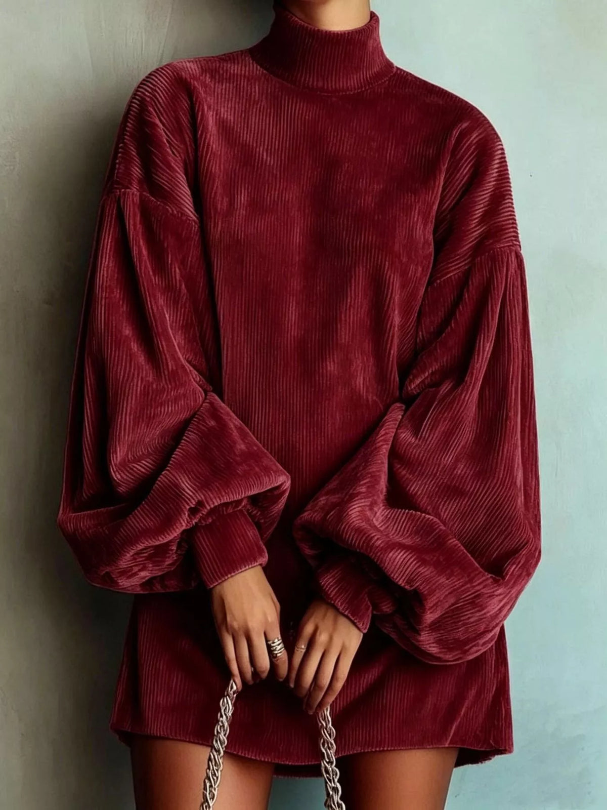 full size corduroy mock neck lantern sleeve mini | dropsona - neutral - close-up detail