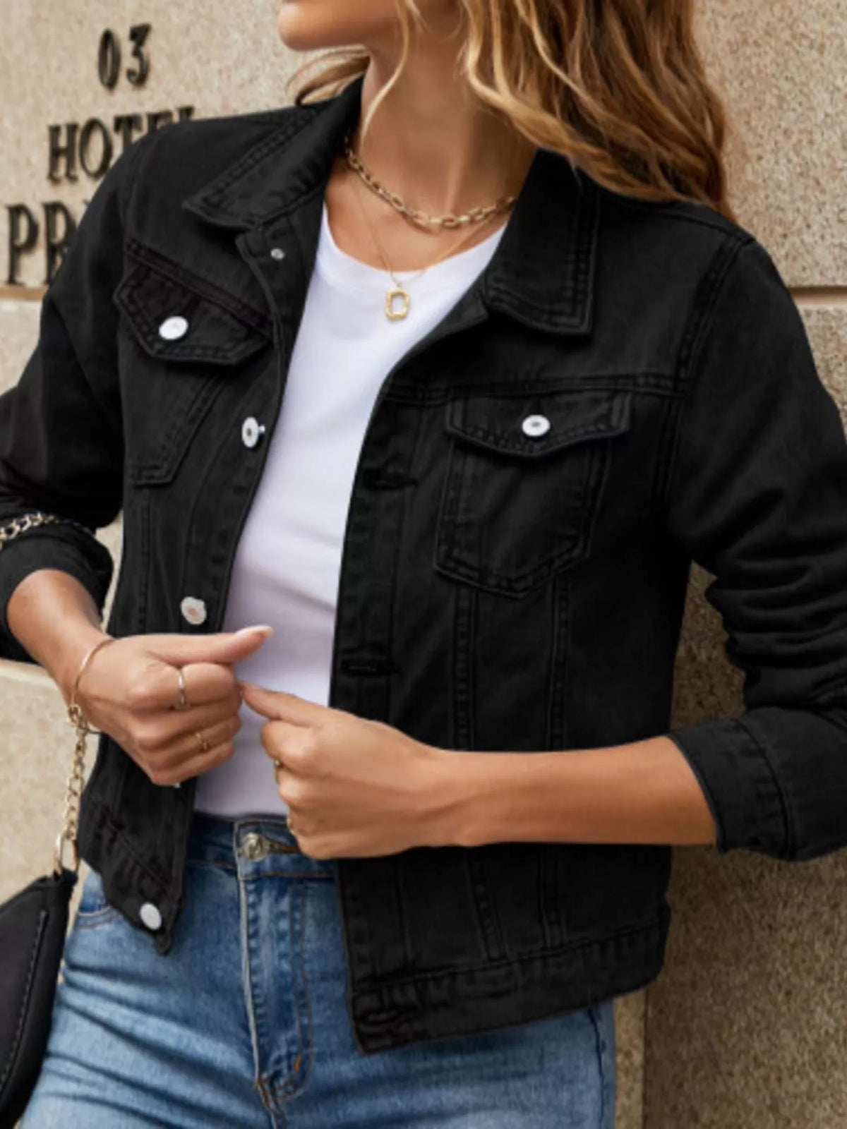 slim-fit button up denim jacket – buttoned,pocketed | dropsona - neutral - material texture