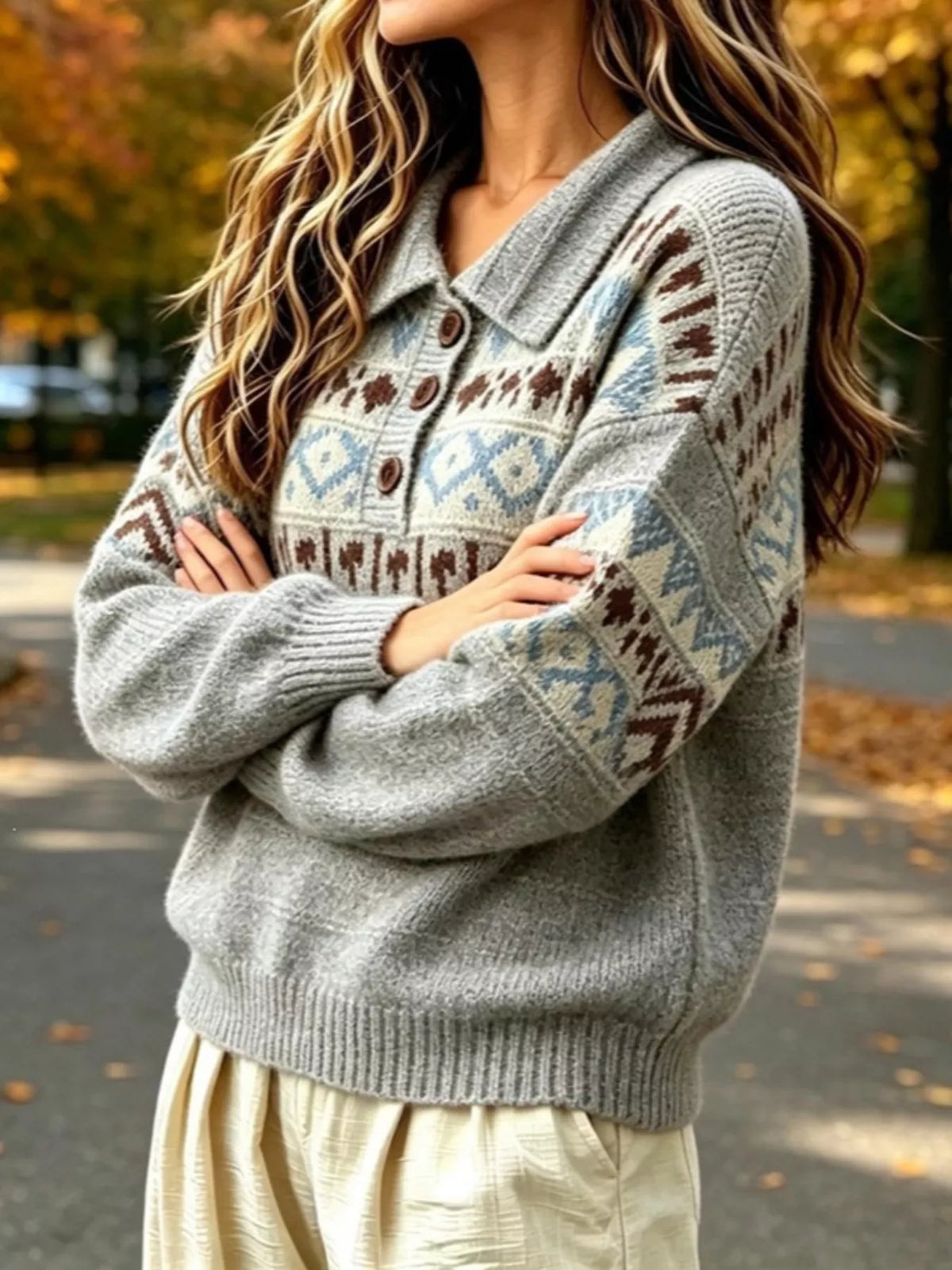 full size vintage fair isle pattern polo collar | dropsona - neutral - packaging