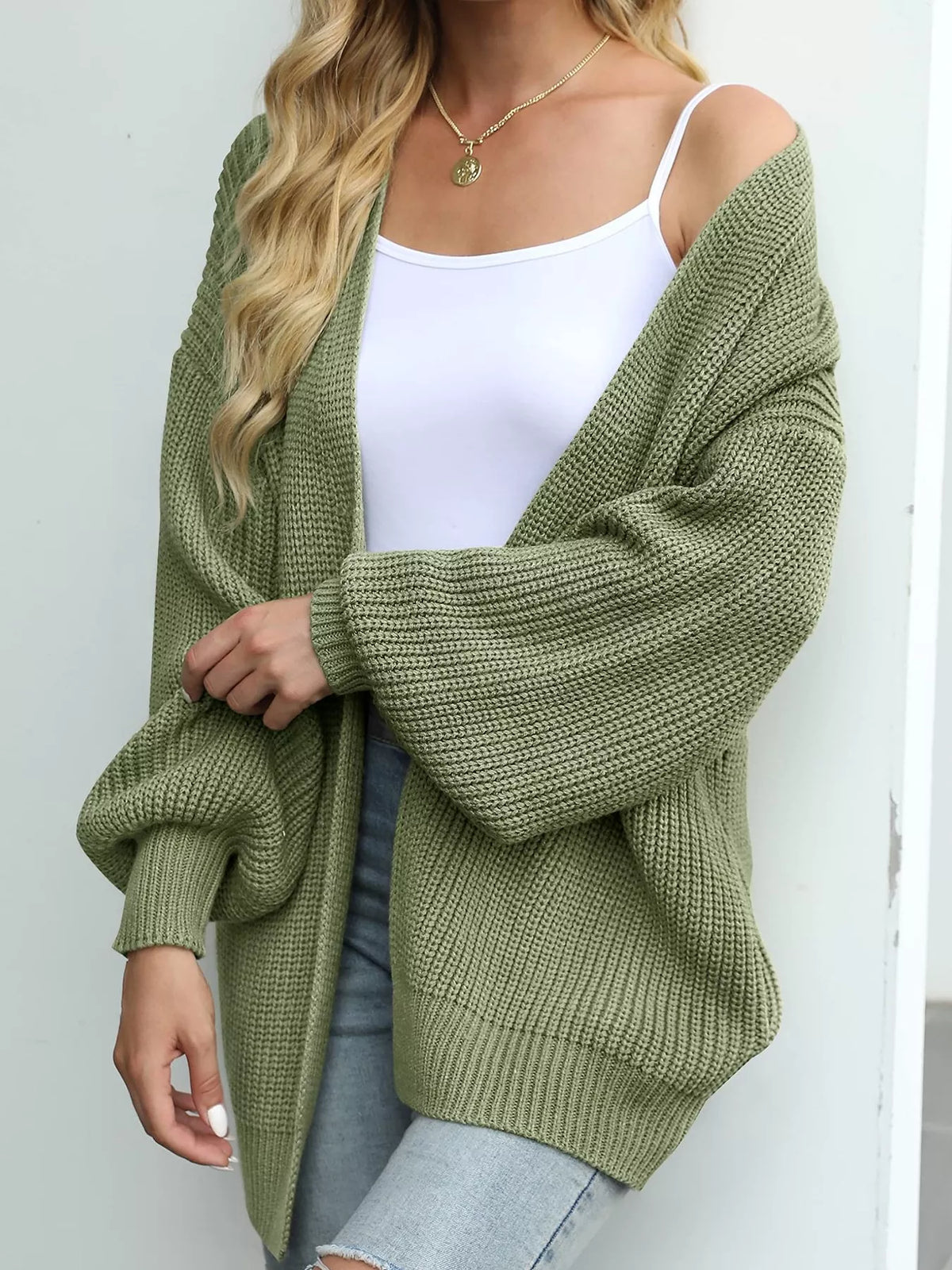 chunky knit open front cardigan with lantern sleeves | dropsona - neutral - size reference