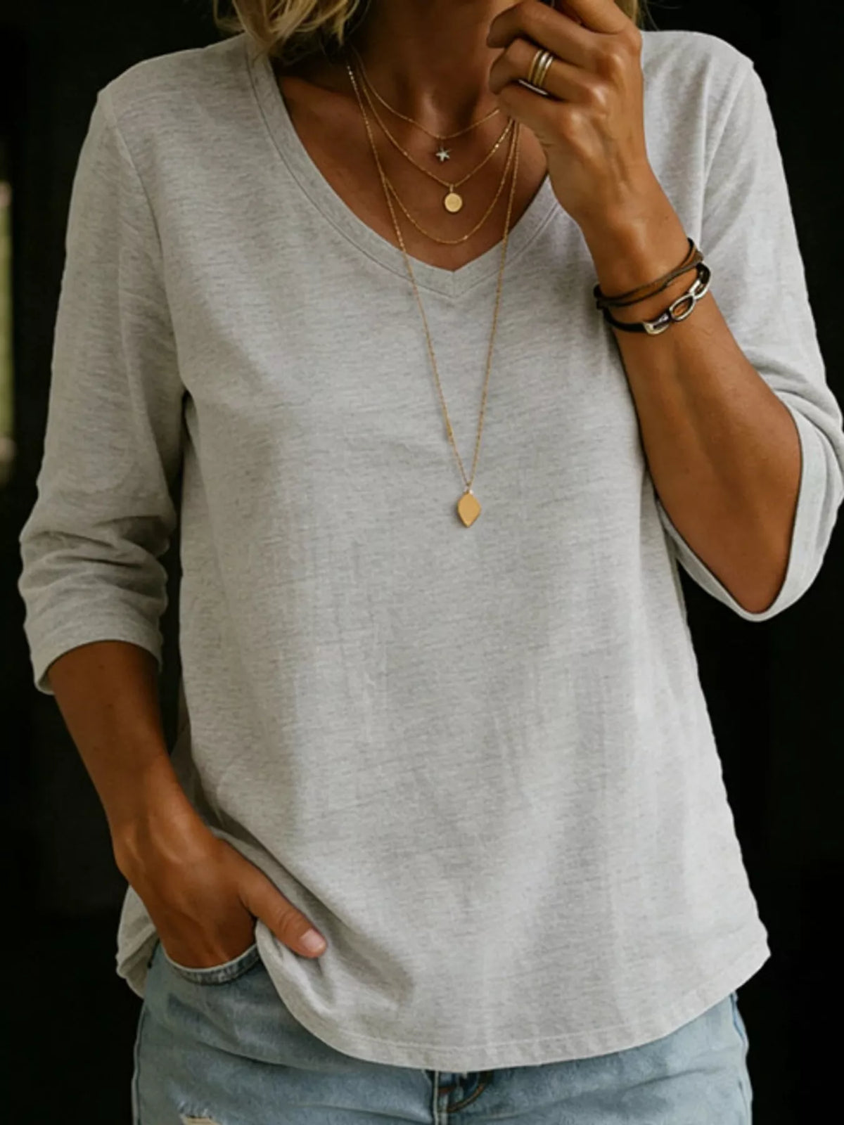 full size v-neck half sleeve t-shirt plus | dropsona - neutral - material texture