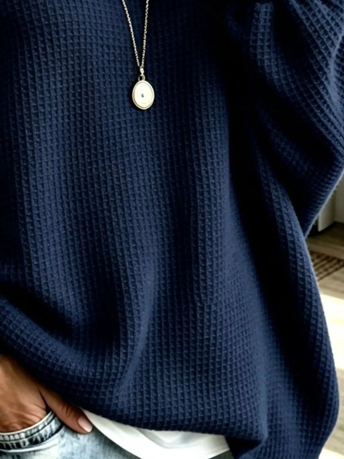 full size waffle knit boat neck sweatshirt plus | dropsona - neutral - close-up detail