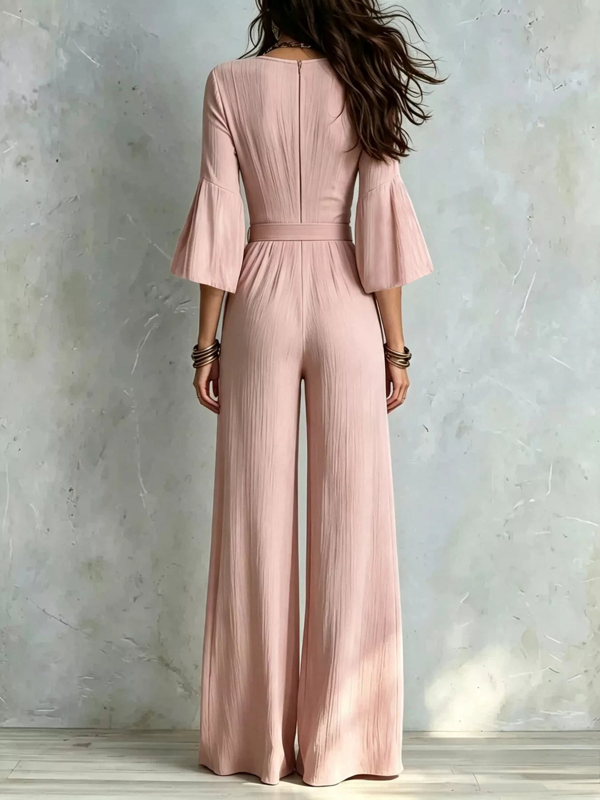 pleated wide-leg jumpsuit with tie-waist | dropsona - neutral - usage example