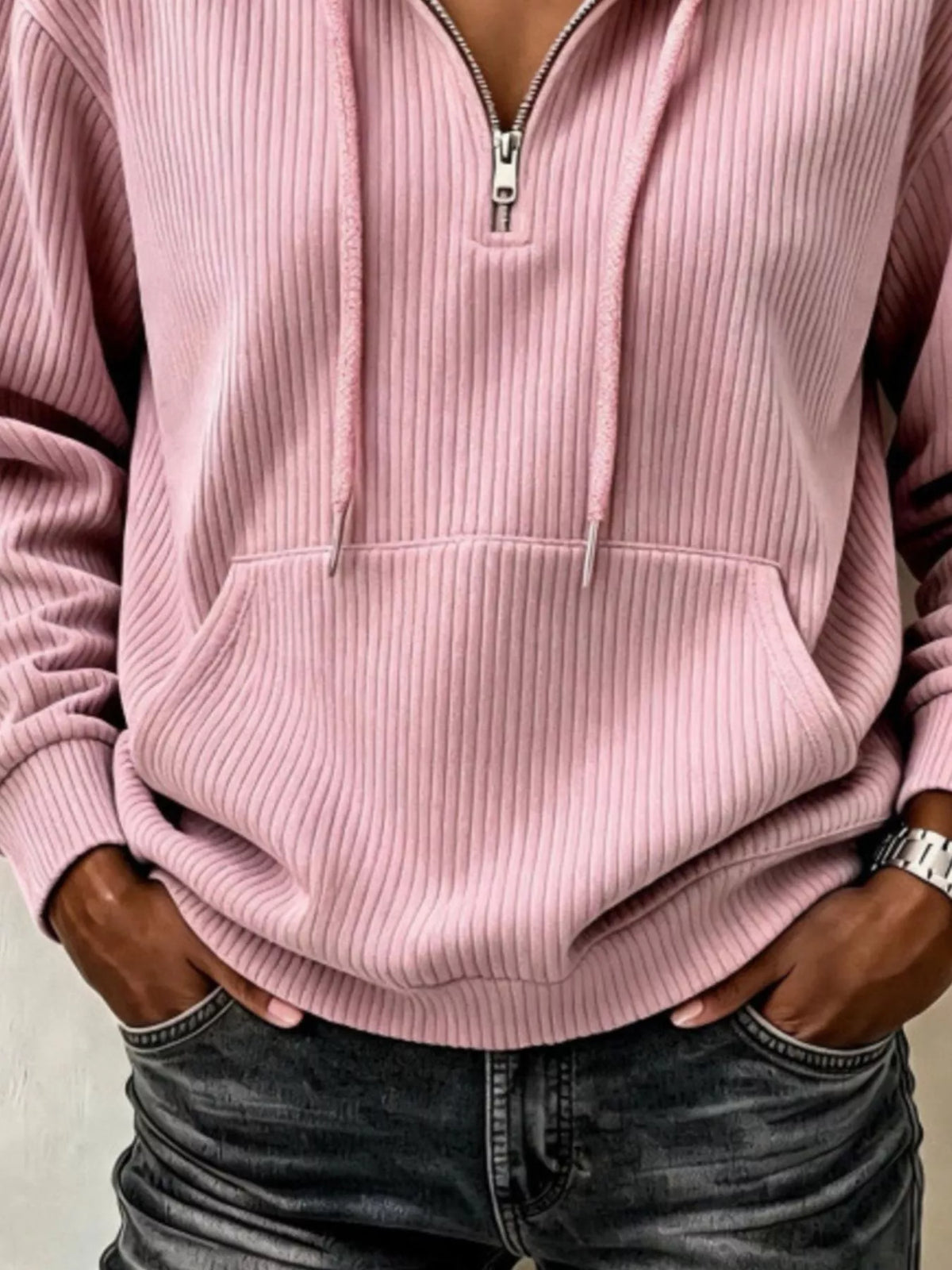 ribbed knit quarter-zip hoodie | dropsona - neutral - close-up detail