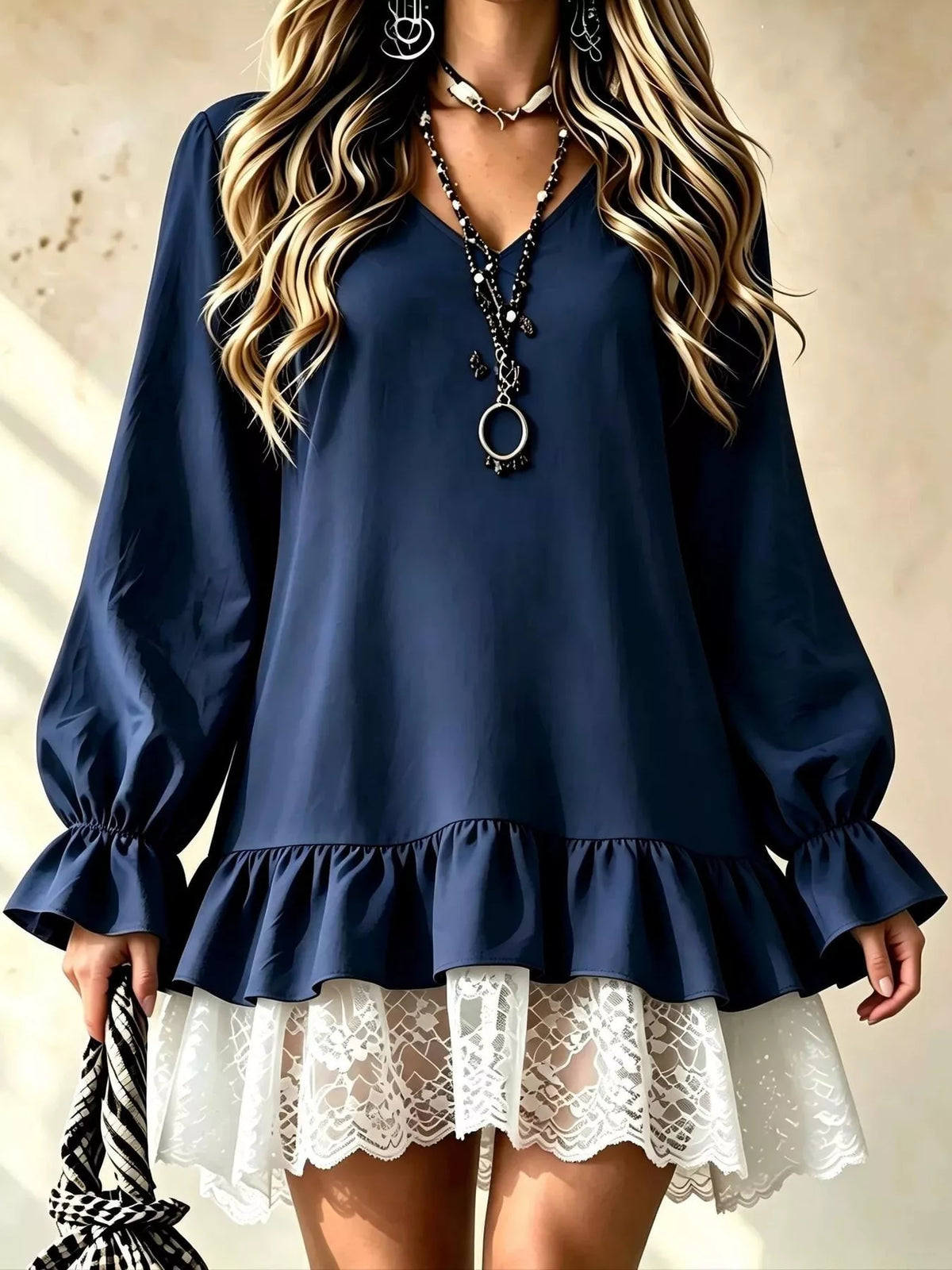 lace hem v-neck flounce sleeve dress | dropsona - neutral - usage example