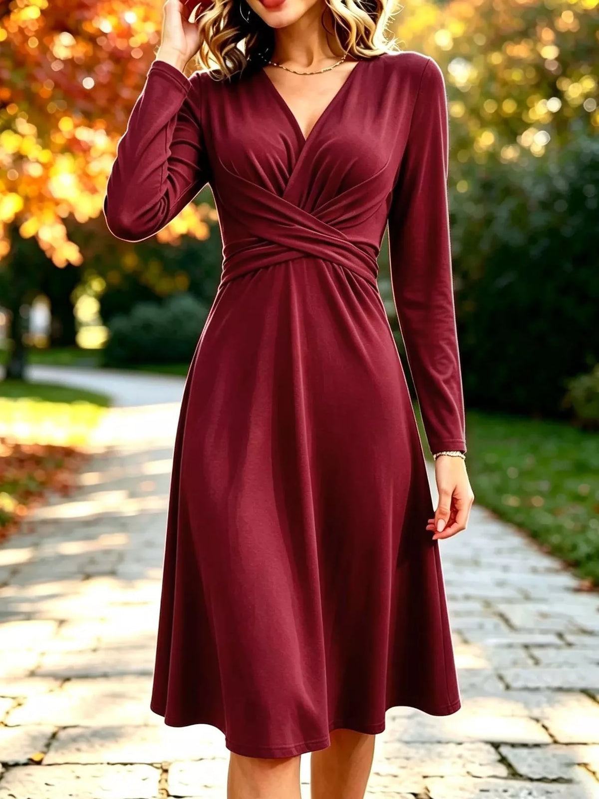 full size ruched long sleeve midi dress plus | dropsona - neutral - front view
