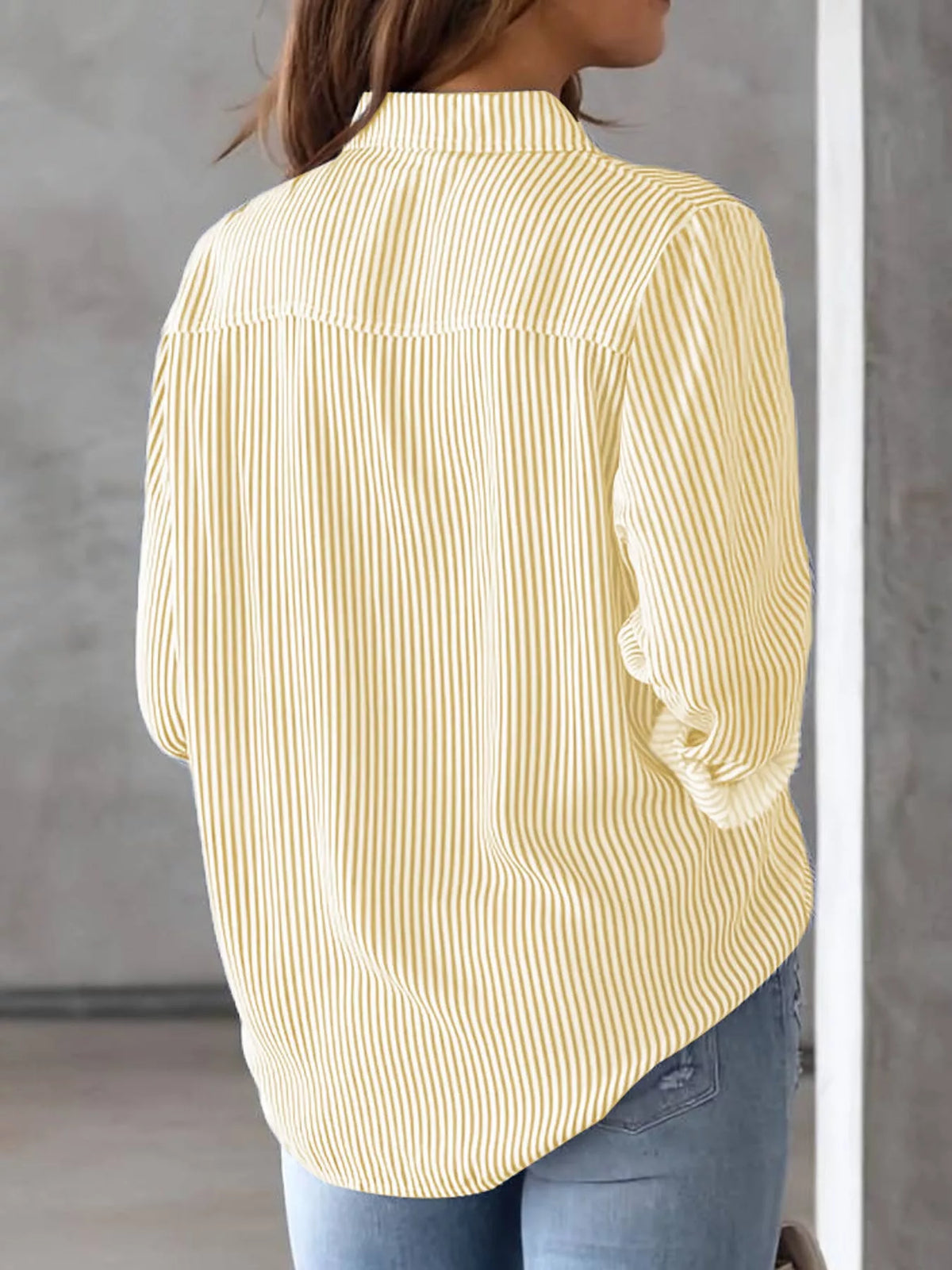 full size striped button-down long sleeve shirt plus | dropsona - neutral - size reference