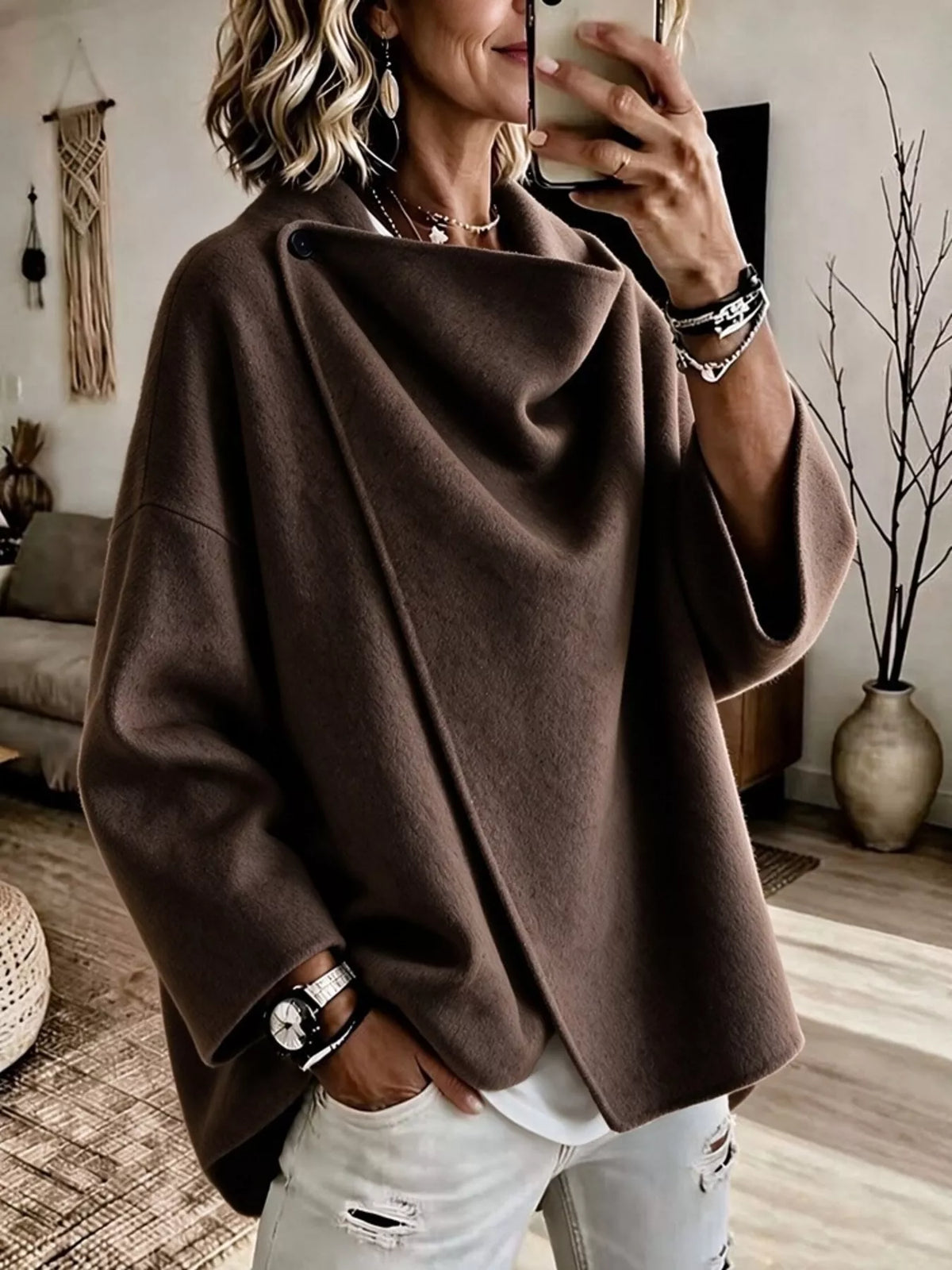 full size asymmetric cowl neck cape plus | dropsona - neutral - close-up detail