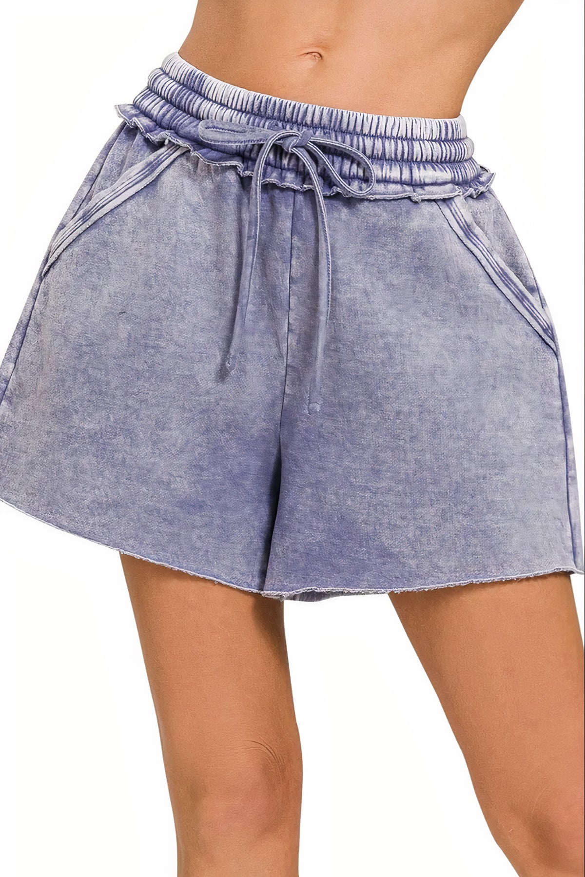 zenana acid wash fleece drawstring shorts with pockets - everyday wear