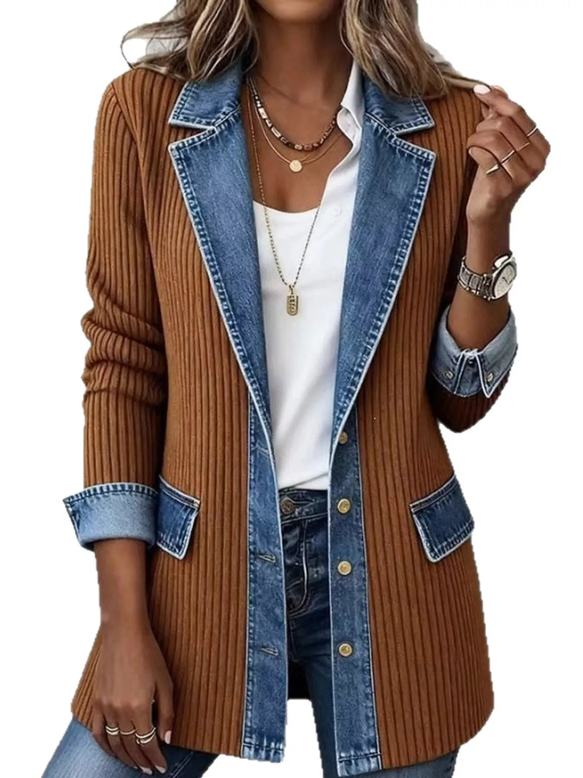 full size denim trim ribbed knit cardigan plus | dropsona - neutral - packaging