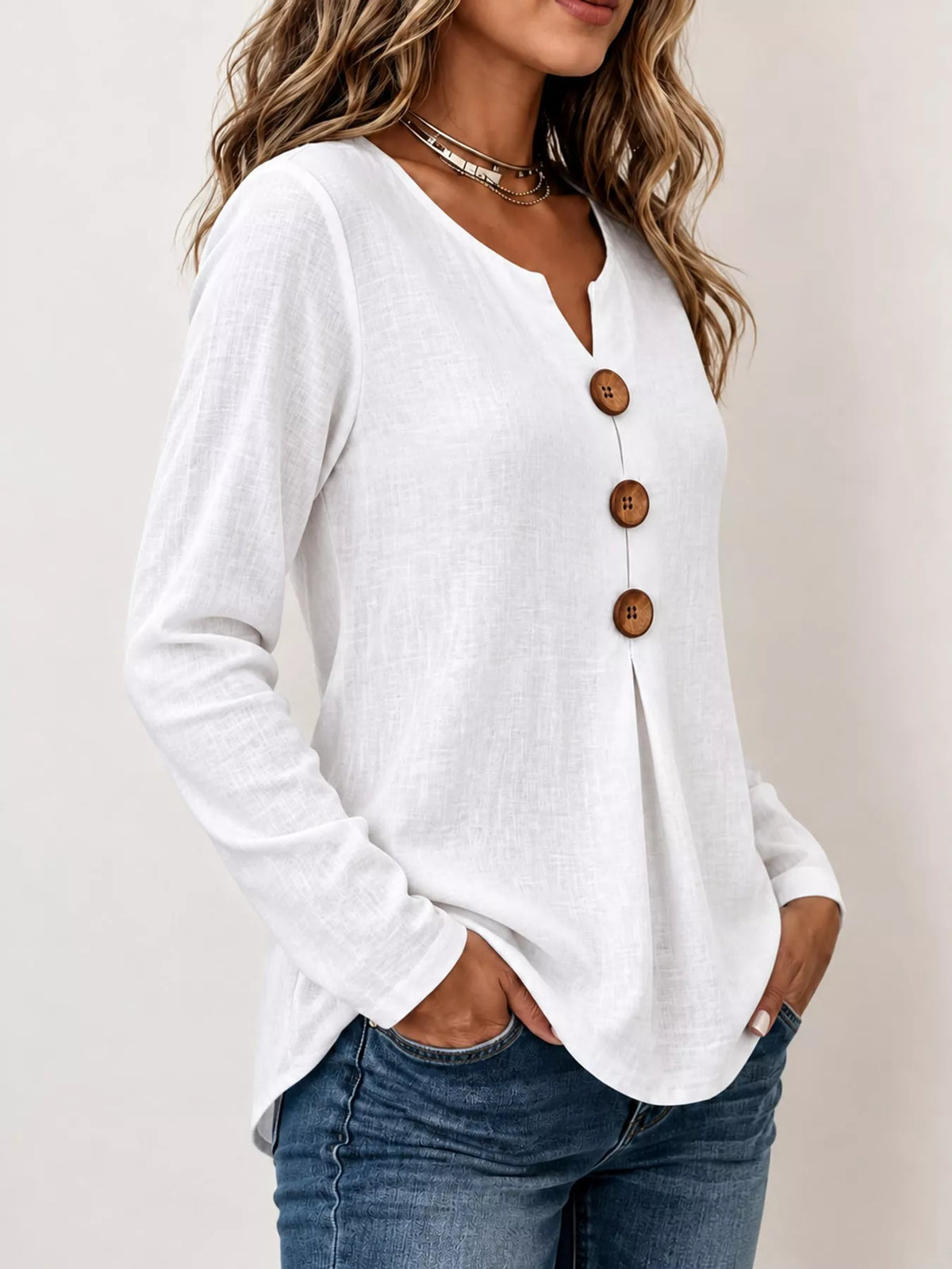 full size long sleeve blouse with decorative wooden | dropsona - neutral - packaging