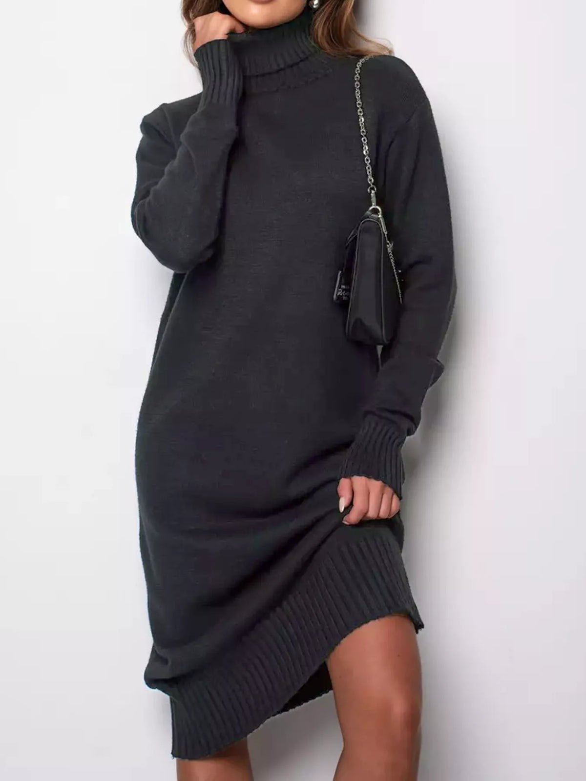 turtleneck ribbed knit sweater dress | dropsona - neutral - material texture