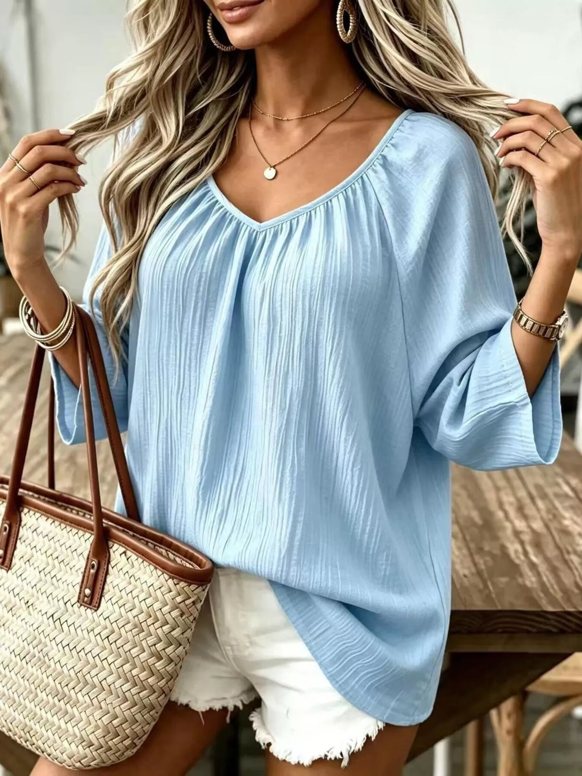 full size textured v-neck casual t-shirt plus | dropsona - neutral - close-up detail