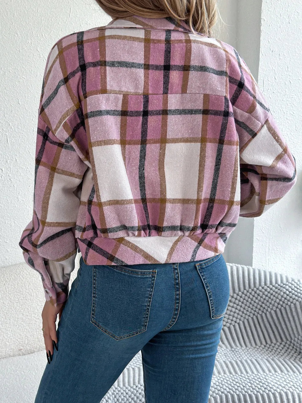 plaid button up long sleeve jacket – buttoned | dropsona - neutral - size reference