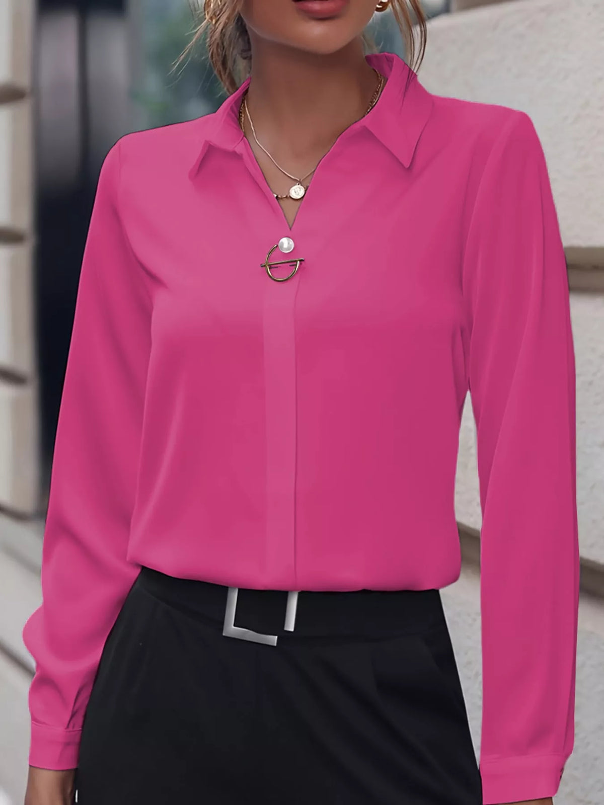long sleeve satin blouse | dropsona - neutral - close-up detail