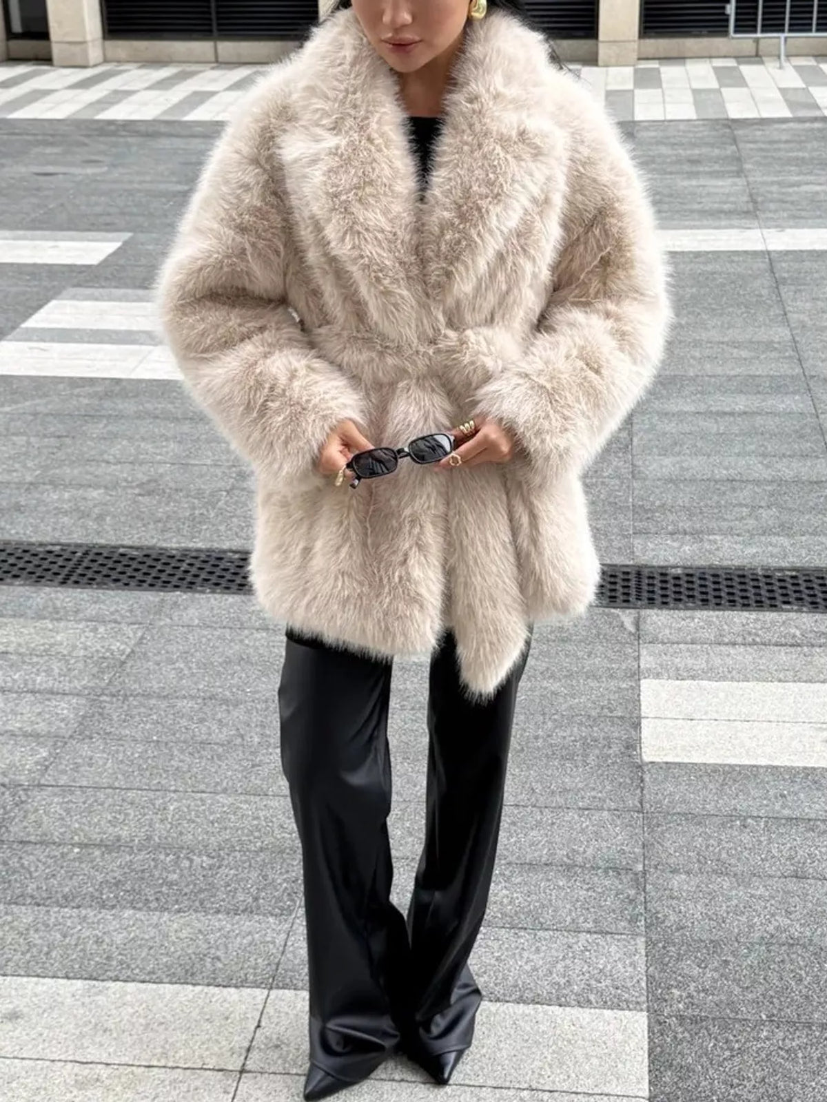 faux fur belted winter outerwear – thermal fit | dropsona - neutral - material texture