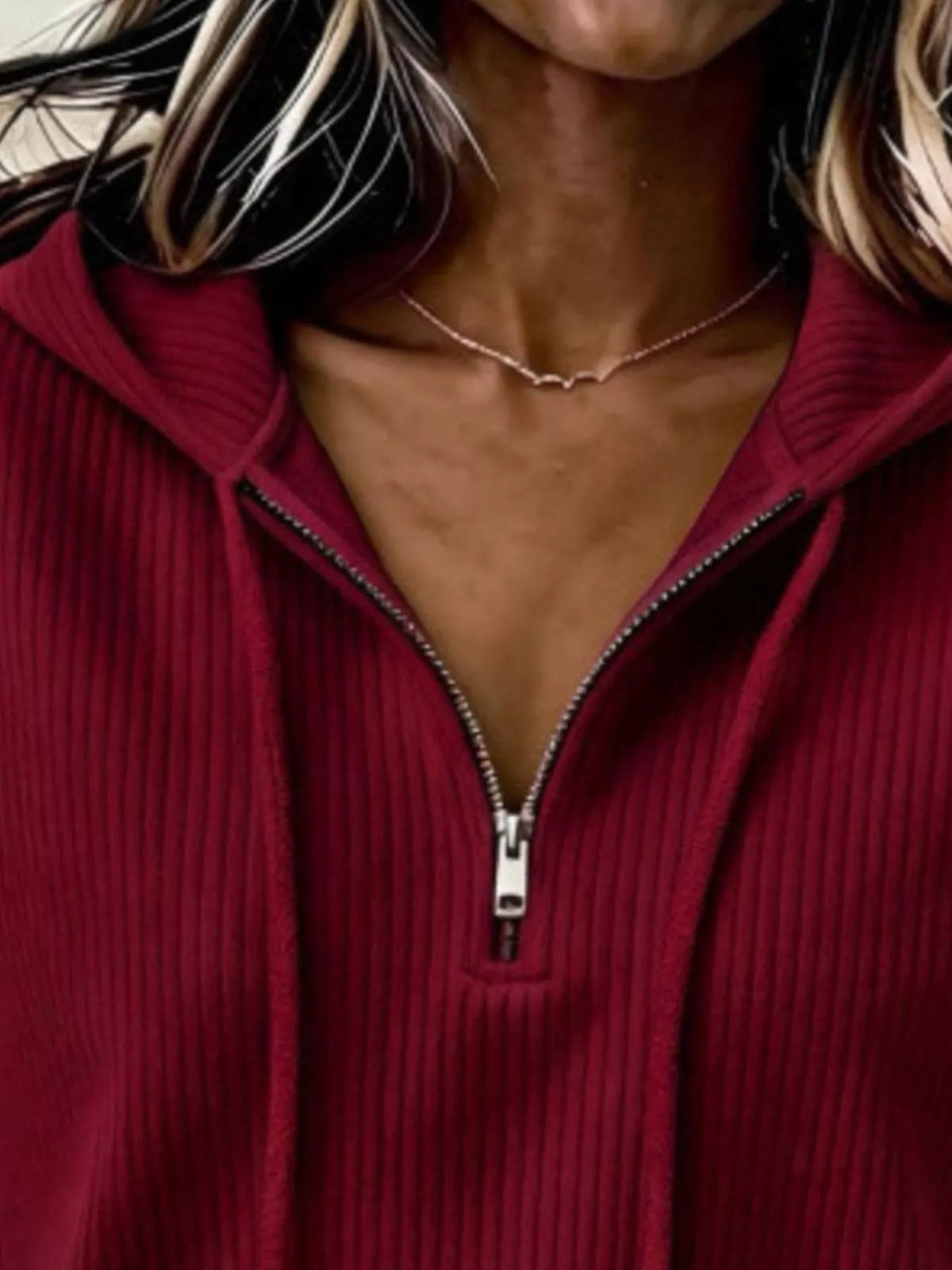 ribbed knit quarter-zip hoodie | dropsona - neutral - front view