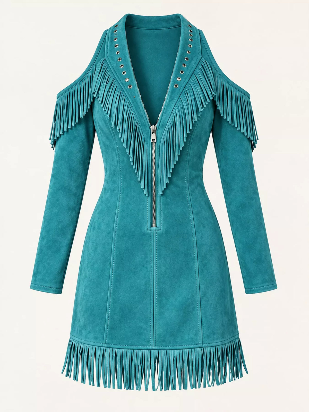 full size fringed cold-shoulder zip-front mini dress | dropsona - neutral - close-up detail