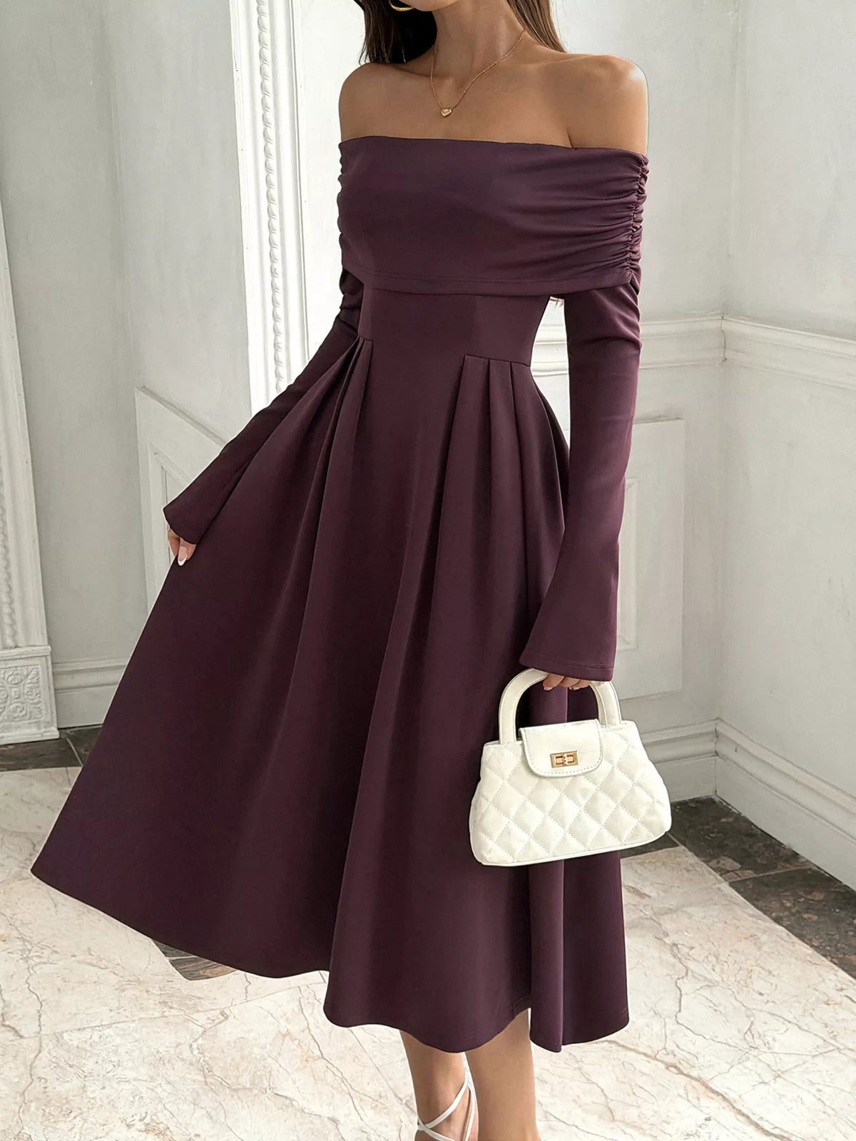 off-shoulder long sleeve midi dress – ruched, zipper | dropsona - neutral - material texture