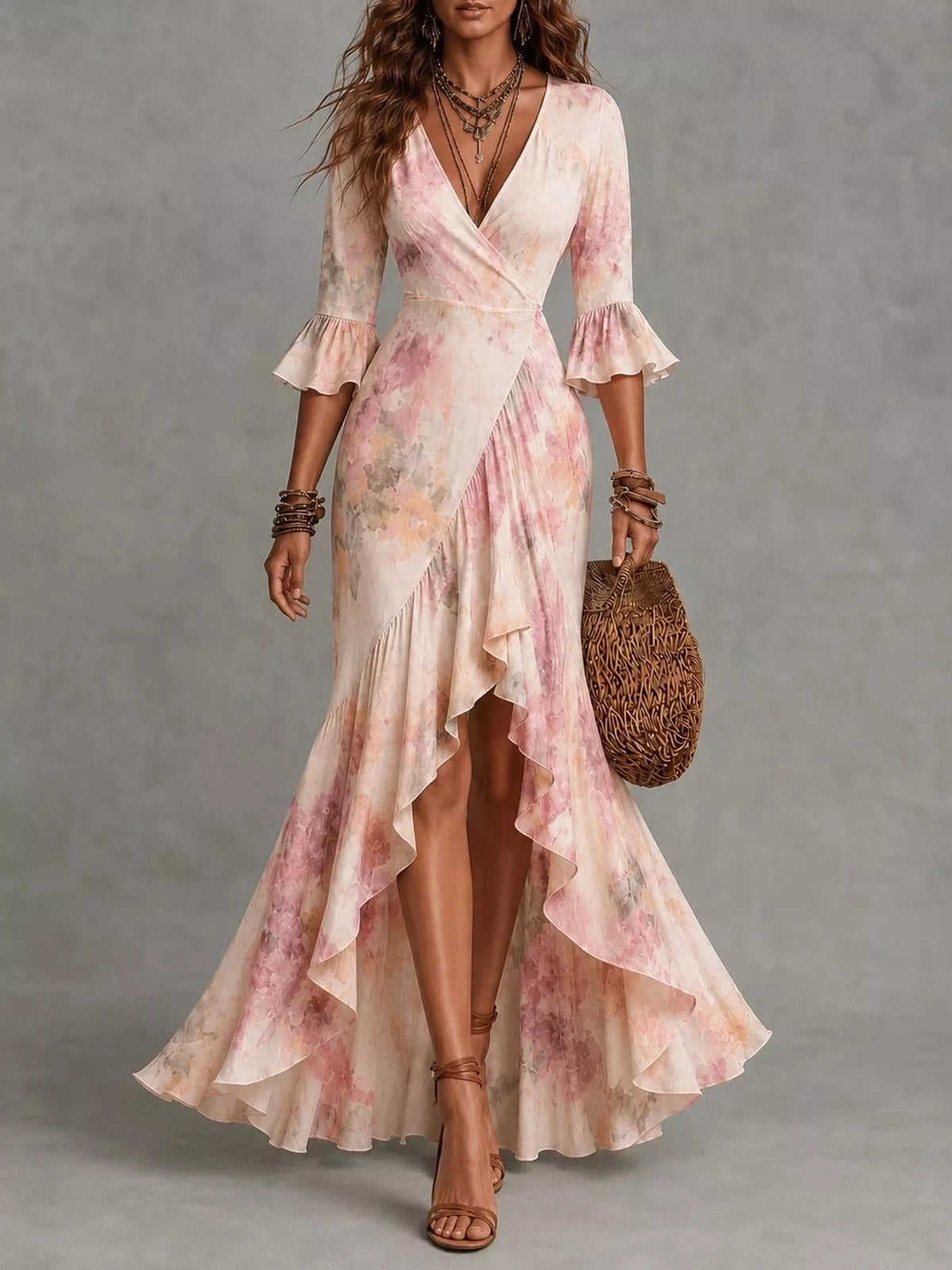 high-low ruffled maxi dress | dropsona - neutral - front view