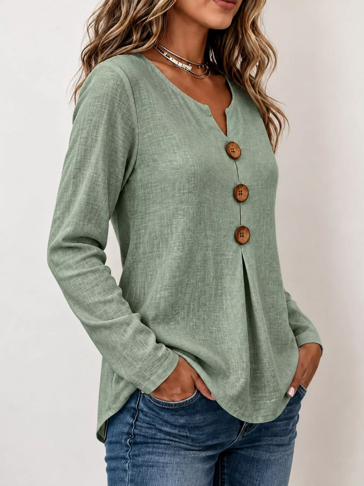 full size long sleeve blouse with decorative wooden | dropsona - neutral - material texture