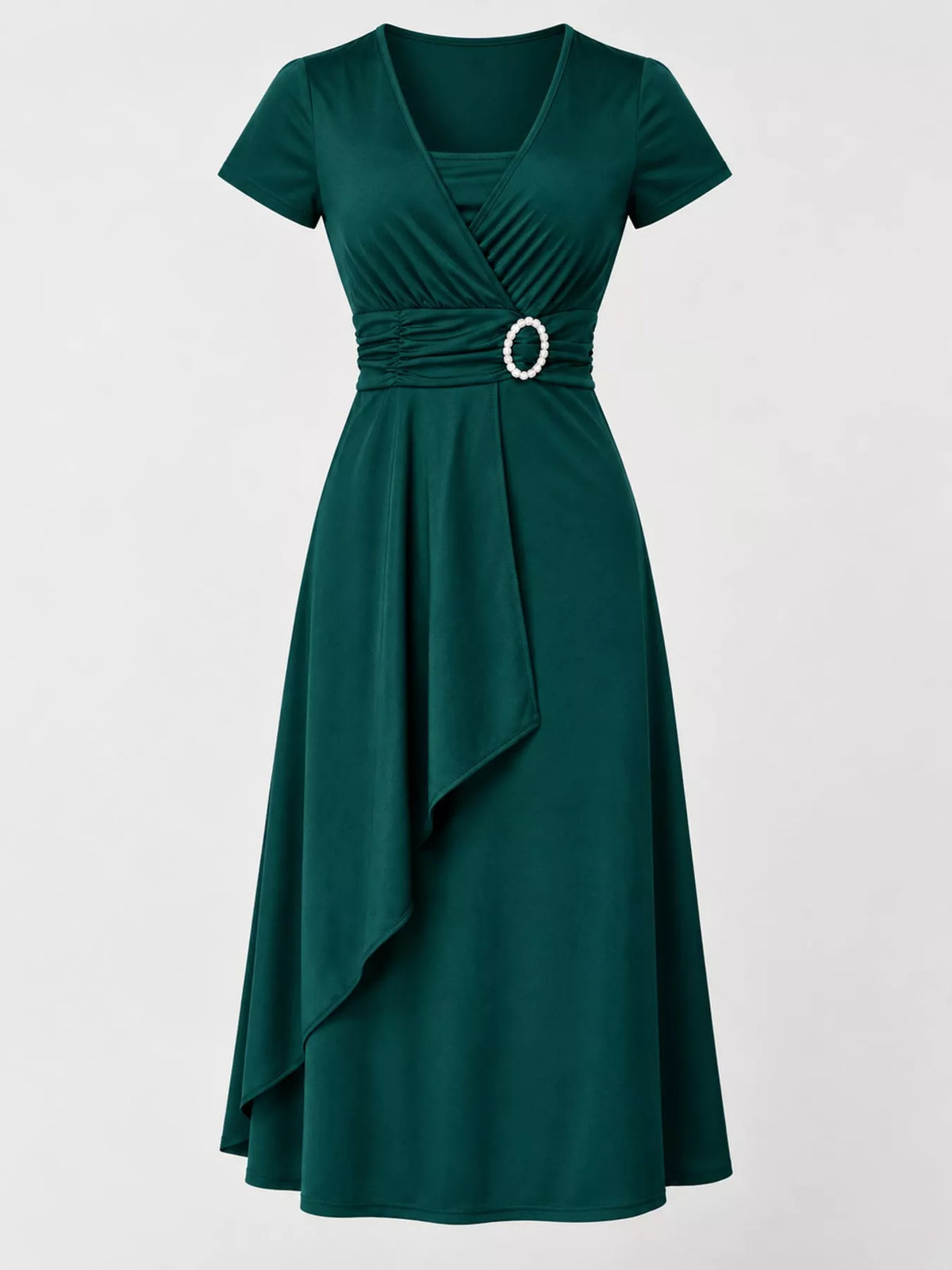 full size decorative buckle short sleeve dress plus | dropsona - neutral - close-up detail