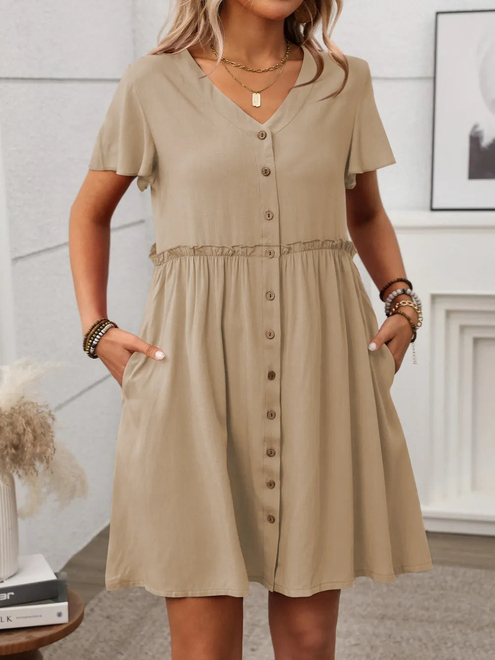 button front flutter sleeve dress - front view